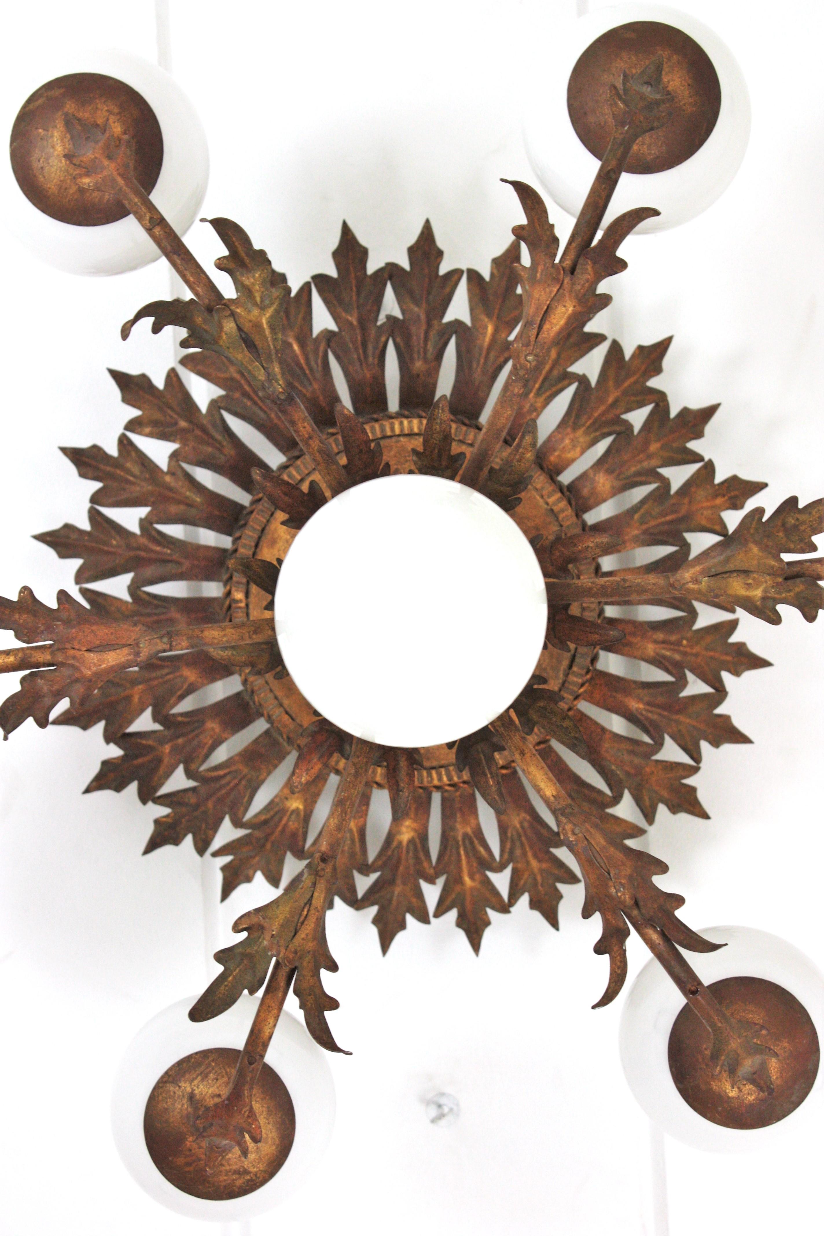 Foliage Sunburst Opaline Globe Chandelier / Ceiling Light, Gilt Iron, 1950s For Sale 3