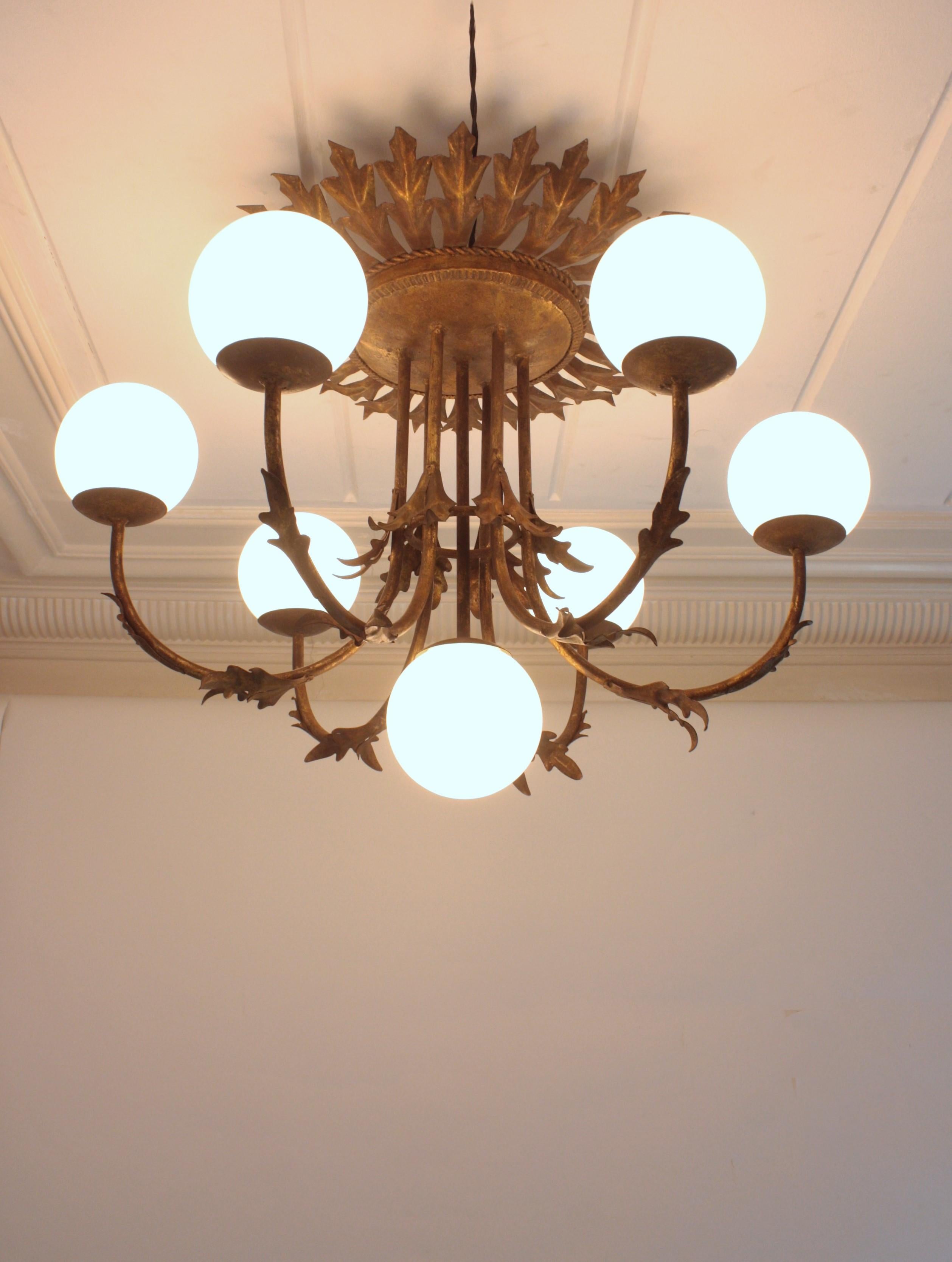 Foliage Sunburst Opaline Globe Chandelier / Ceiling Light, Gilt Iron, 1950s For Sale 4