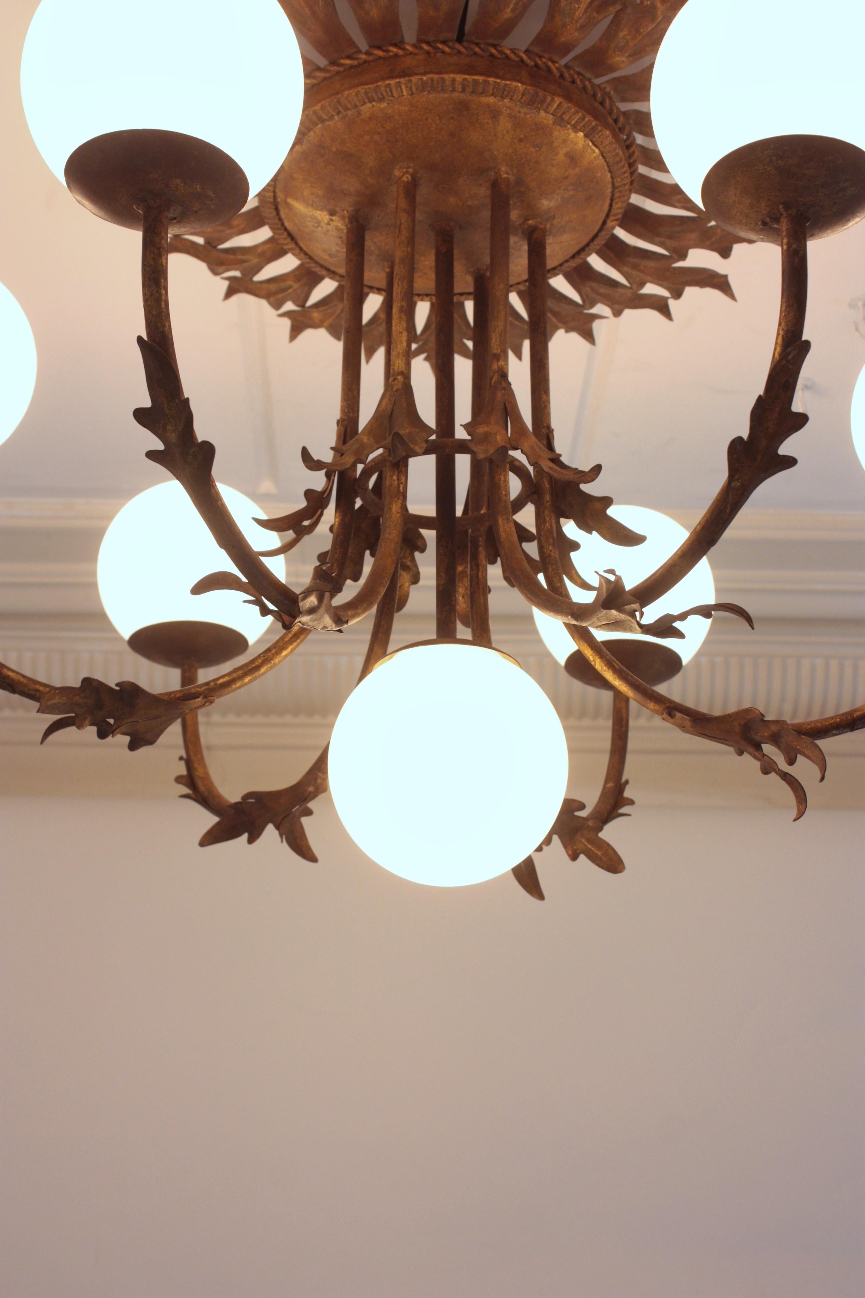 Foliage Sunburst Opaline Globe Chandelier / Ceiling Light, Gilt Iron, 1950s For Sale 5