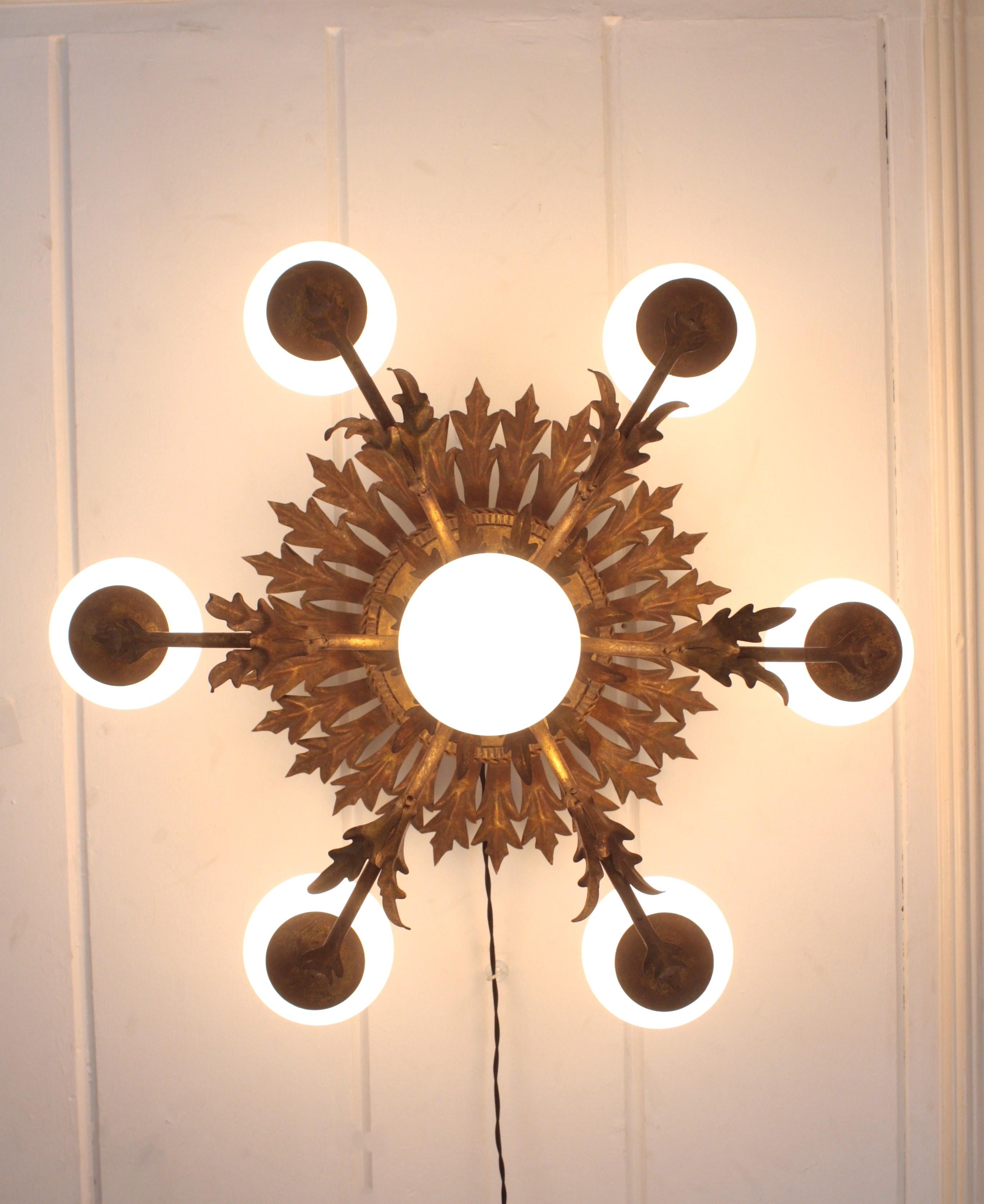 Foliage Sunburst Opaline Globe Chandelier / Ceiling Light, Gilt Iron, 1950s For Sale 6