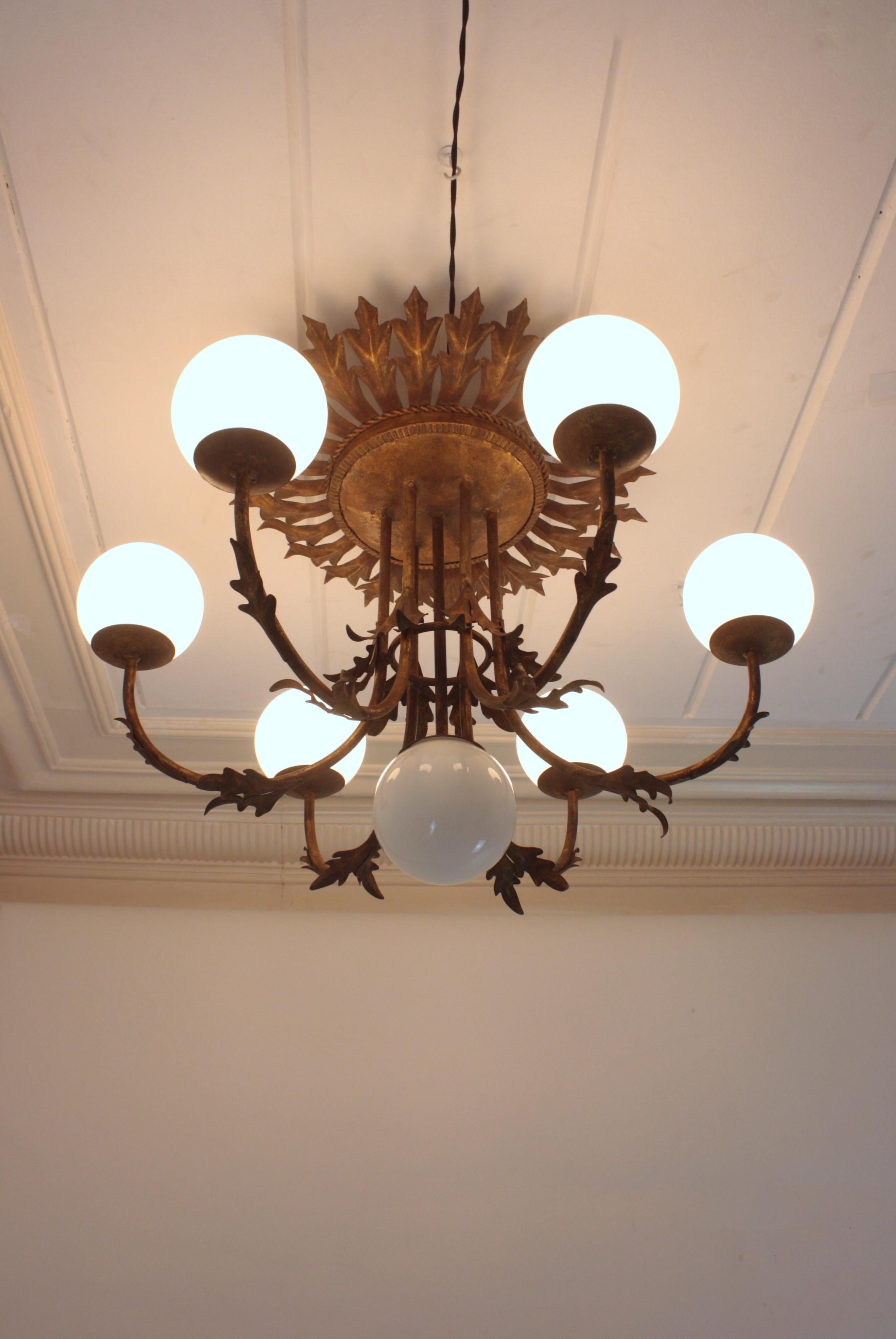 Foliage Sunburst Opaline Globe Chandelier / Ceiling Light, Gilt Iron, 1950s For Sale 7