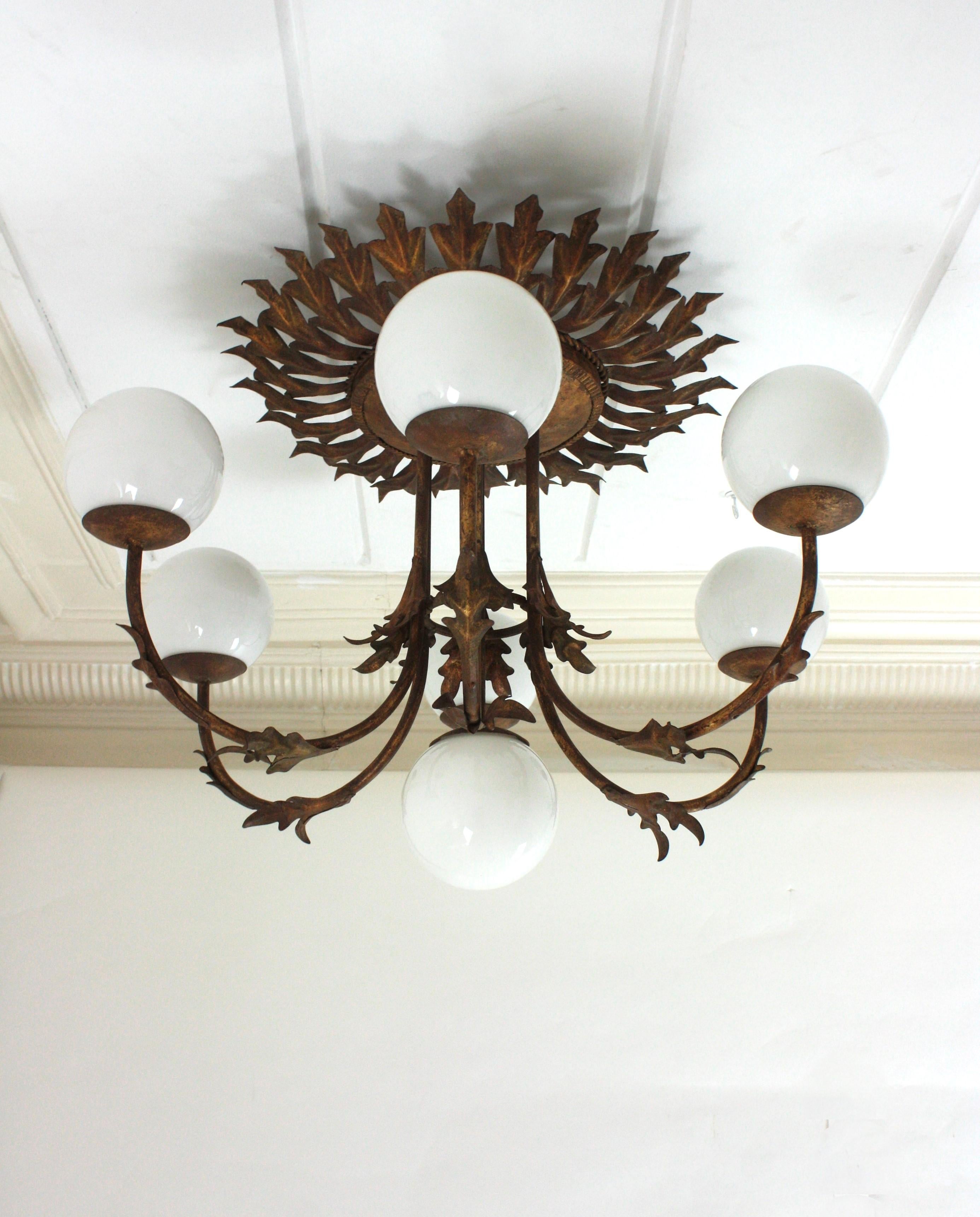 Foliage Sunburst Opaline Globe Chandelier / Ceiling Light, Gilt Iron, 1950s For Sale 8