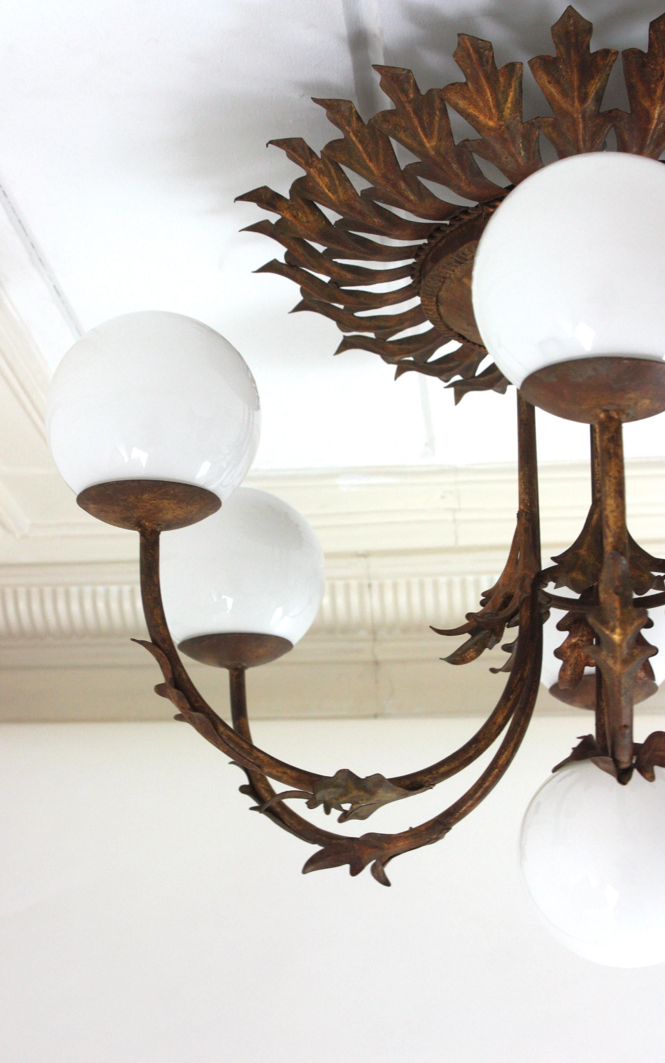 Foliage Sunburst Opaline Globe Chandelier / Ceiling Light, Gilt Iron, 1950s For Sale 9