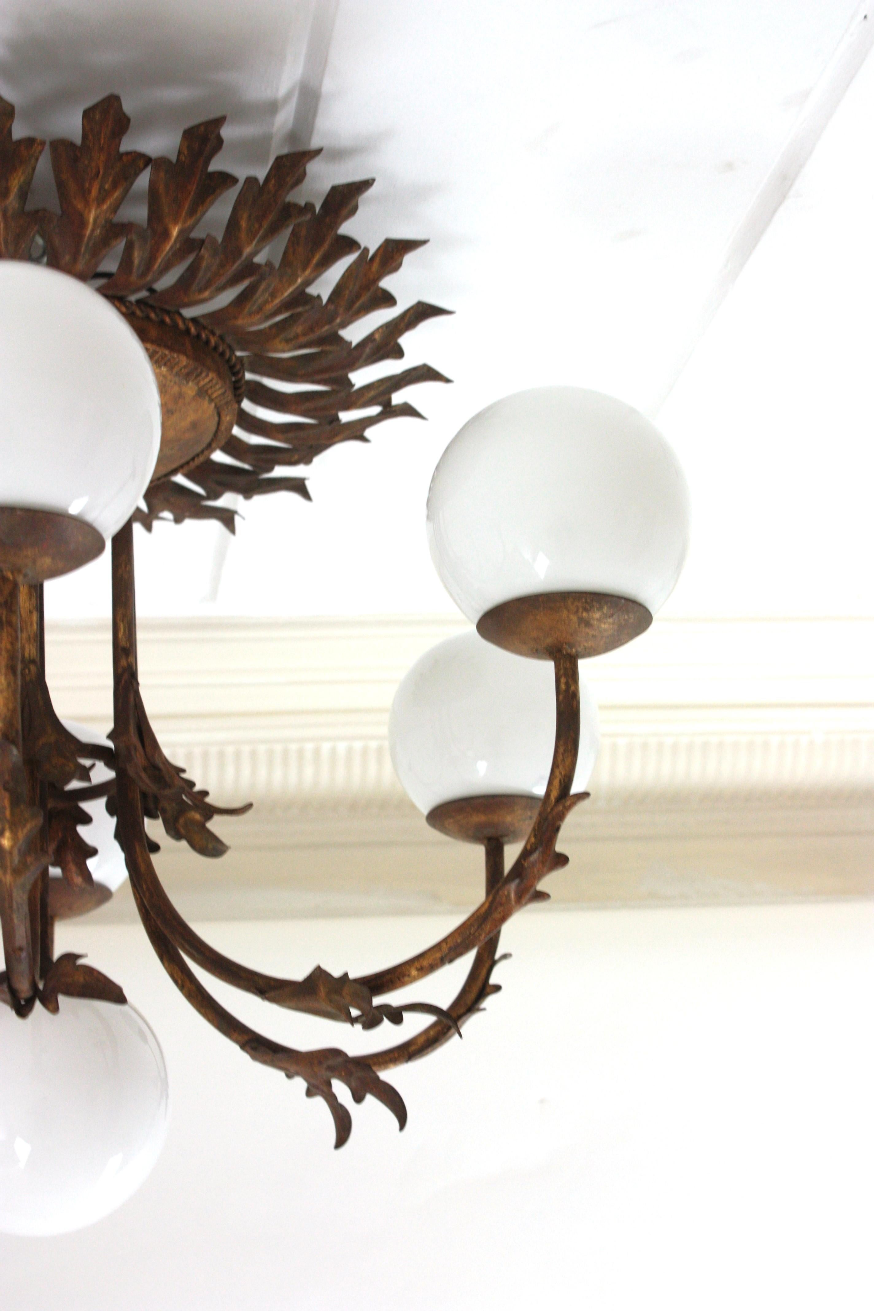 Foliage Sunburst Opaline Globe Chandelier / Ceiling Light, Gilt Iron, 1950s For Sale 10