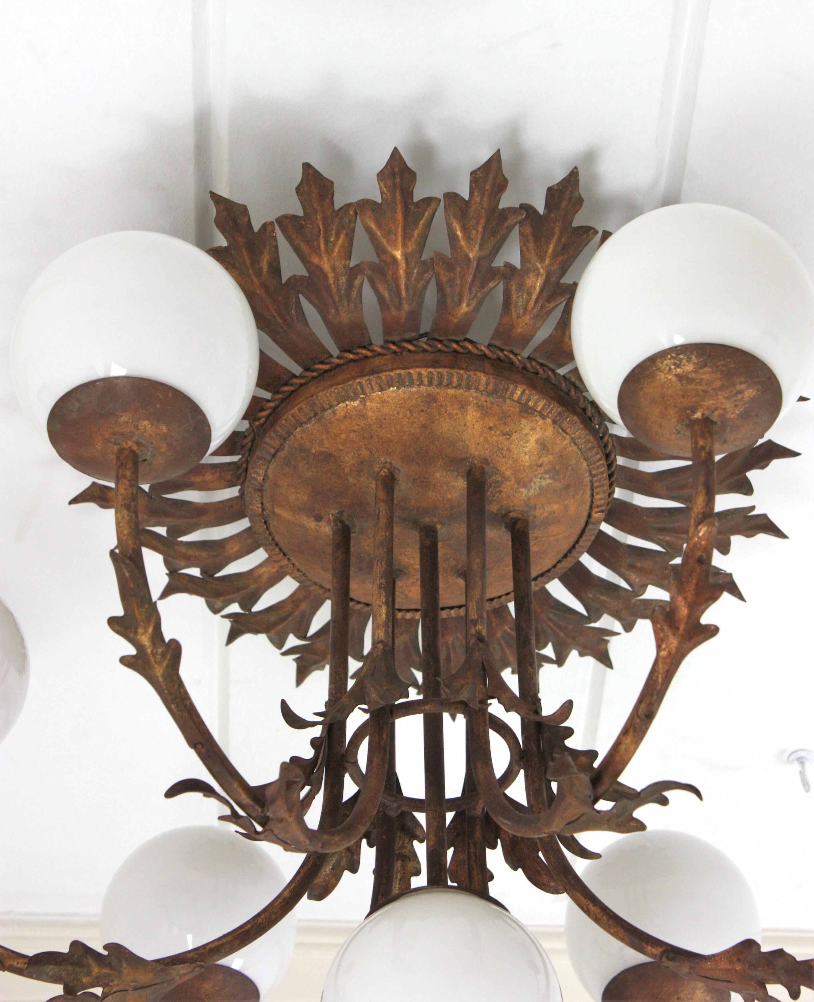 Foliage Sunburst Opaline Globe Chandelier / Ceiling Light, Gilt Iron, 1950s For Sale 11