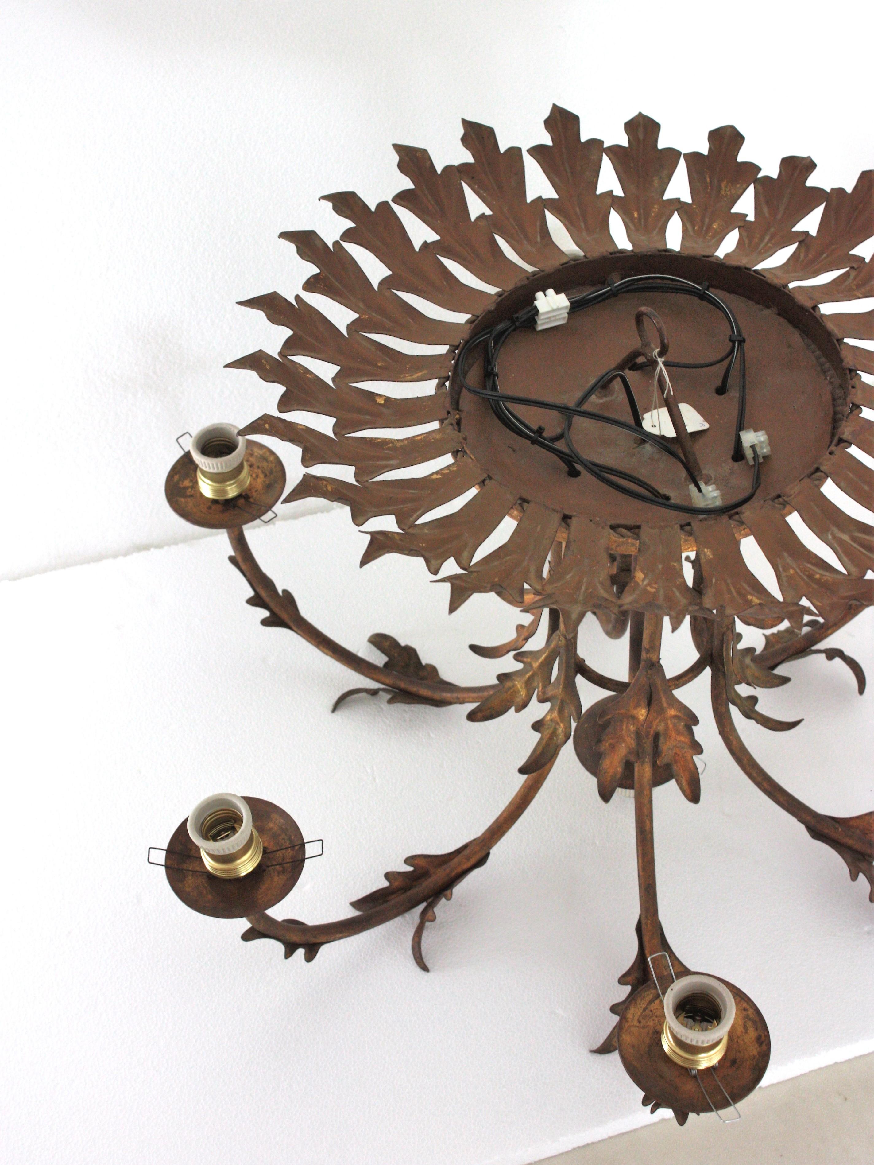 Foliage Sunburst Opaline Globe Chandelier / Ceiling Light, Gilt Iron, 1950s For Sale 12