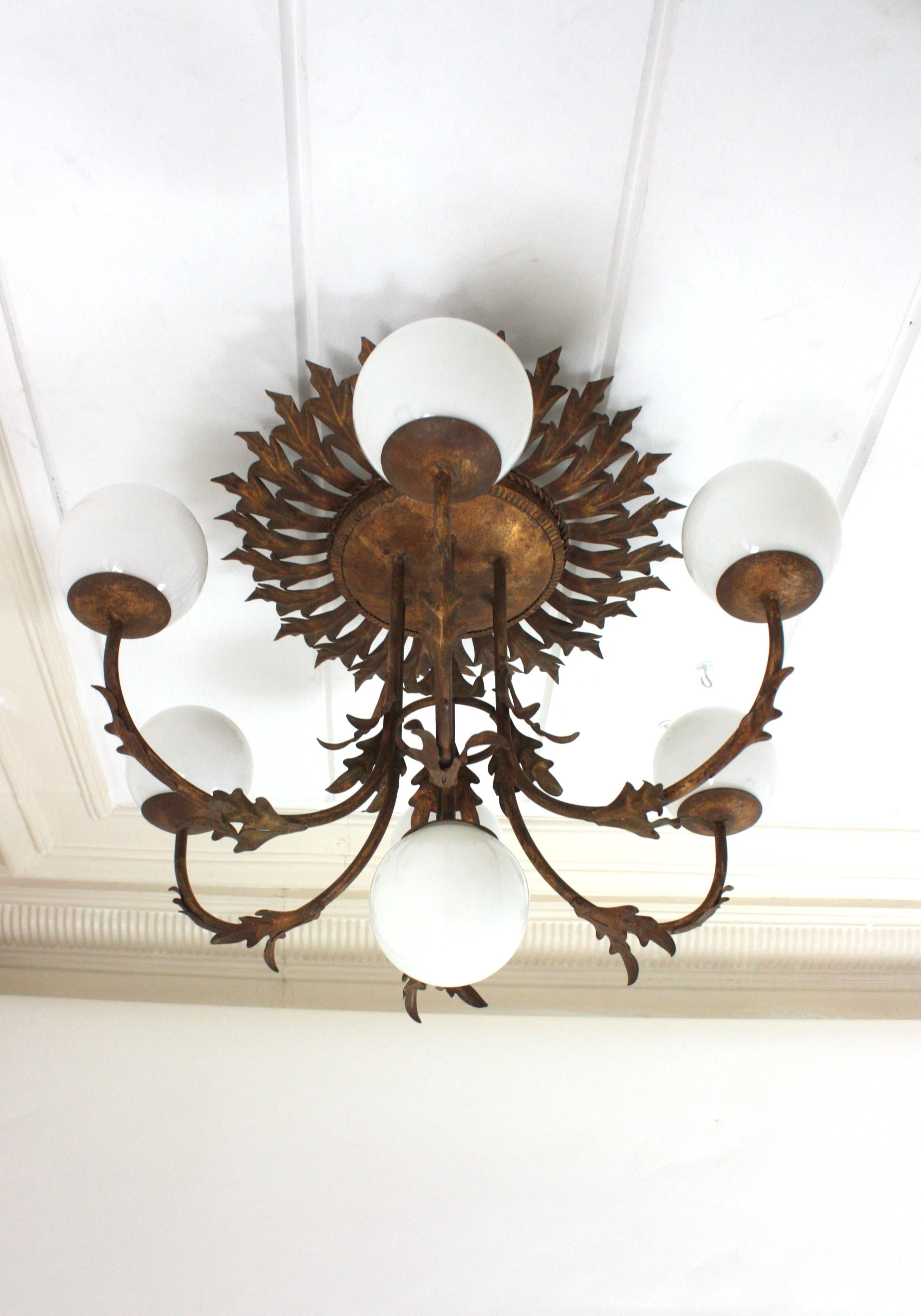 Spanish Foliage Sunburst Chandelier in Gilt Wrought Iron with 7 Opaline Glass Globes
Spain, 1950.
Large Size.
One of a kind Foliage Glass Globe Chandelier / Flush Mount Ceiling Light in gilt iron.
This seven-light chandelier features 6 branches