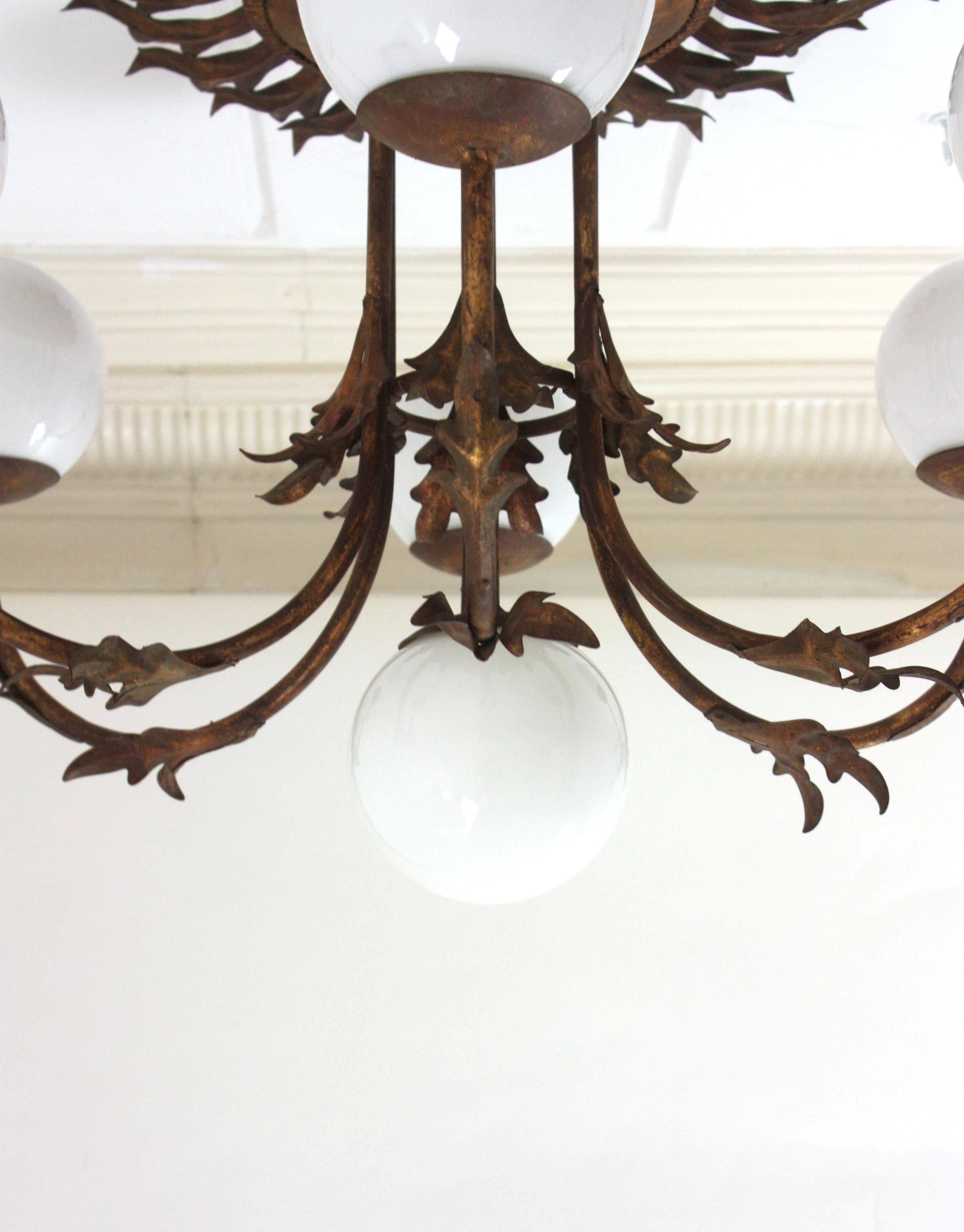 Mid-Century Modern Foliage Sunburst Opaline Globe Chandelier / Ceiling Light, Gilt Iron, 1950s For Sale