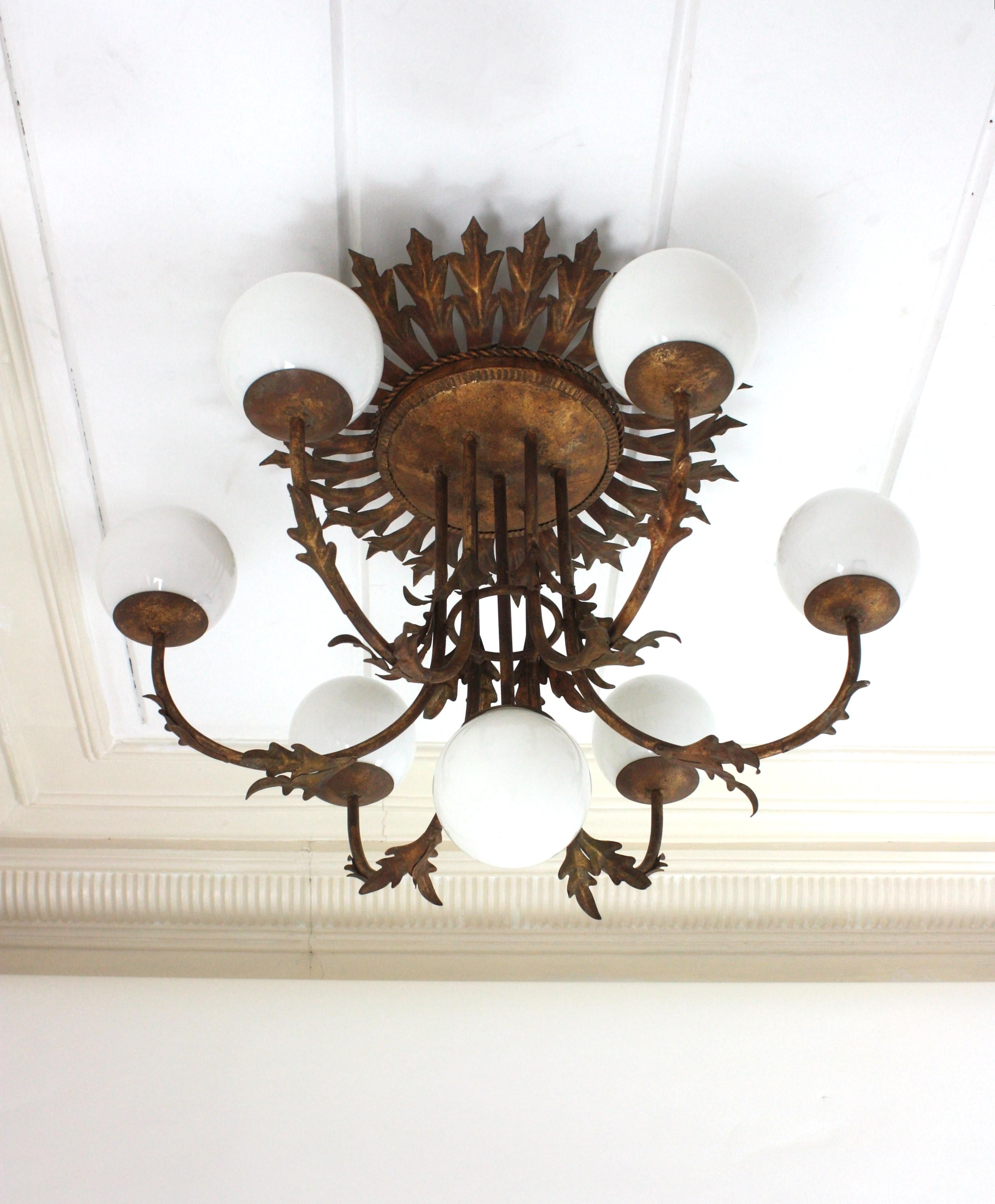 20th Century Foliage Sunburst Opaline Globe Chandelier / Ceiling Light, Gilt Iron, 1950s For Sale