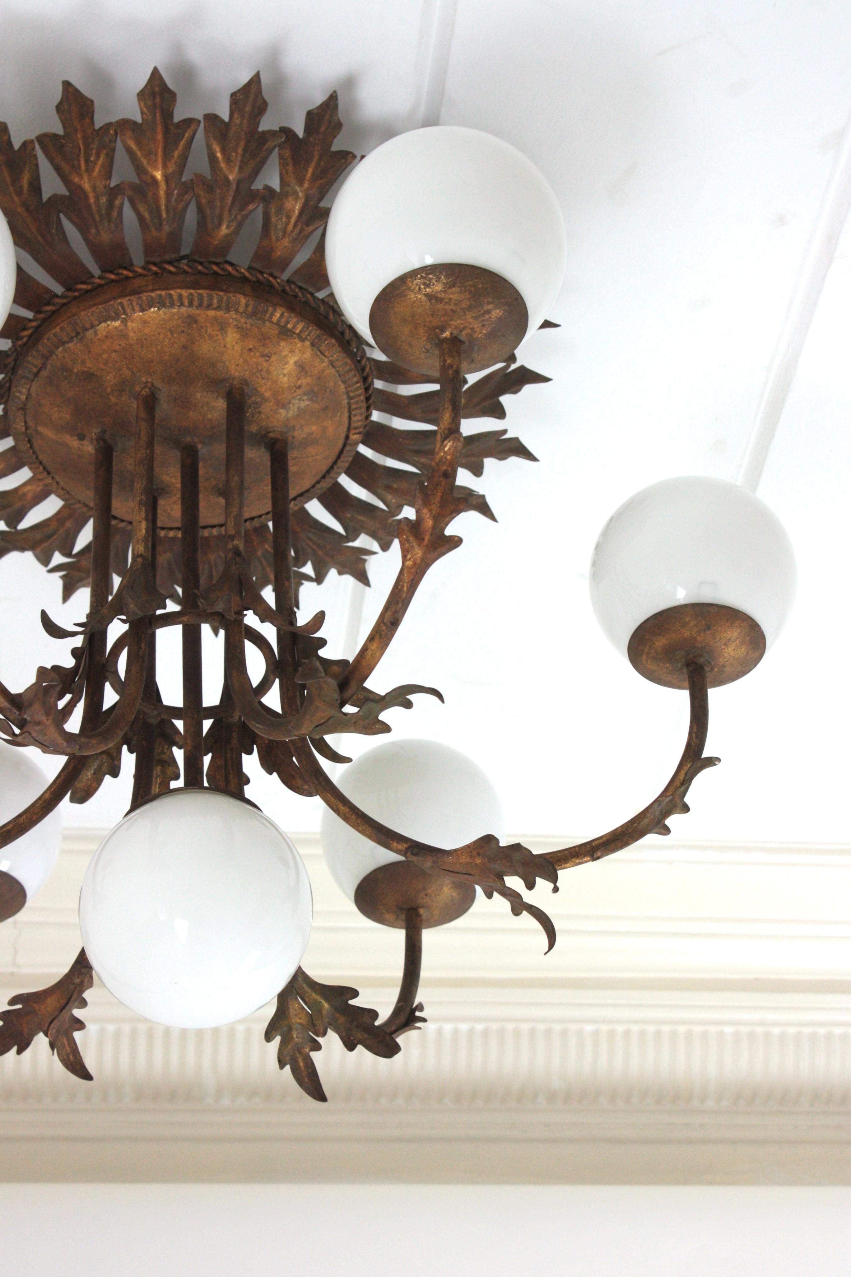 Foliage Sunburst Opaline Globe Chandelier / Ceiling Light, Gilt Iron, 1950s For Sale 1