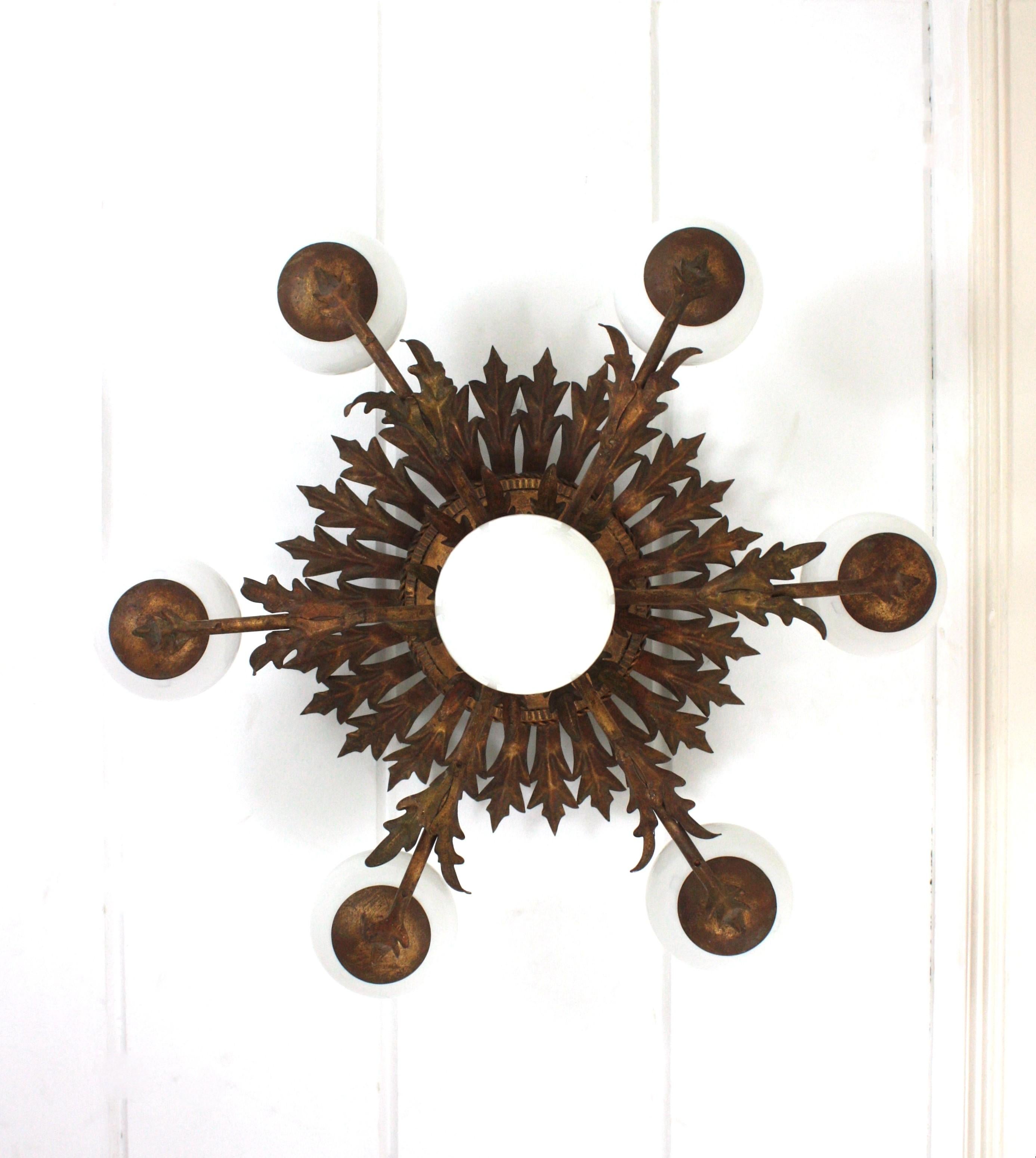 Foliage Sunburst Opaline Globe Chandelier / Ceiling Light, Gilt Iron, 1950s For Sale 2