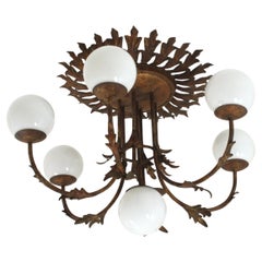 Foliage Sunburst Opaline Globe Chandelier / Ceiling Light, Gilt Iron, 1950s