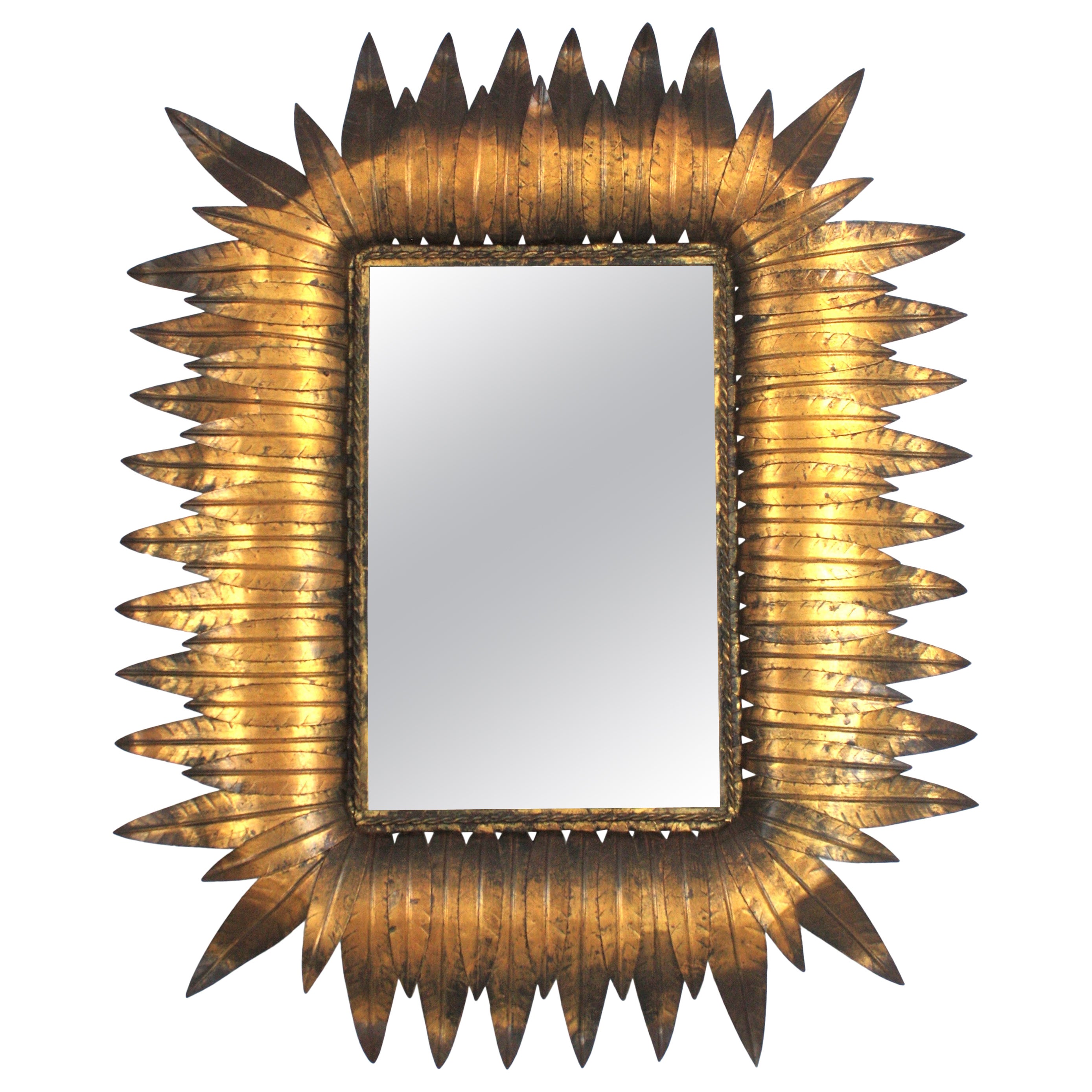 Foliage Sunburst Rectangular Mirror in Gilt Iron, Hollywood Regency