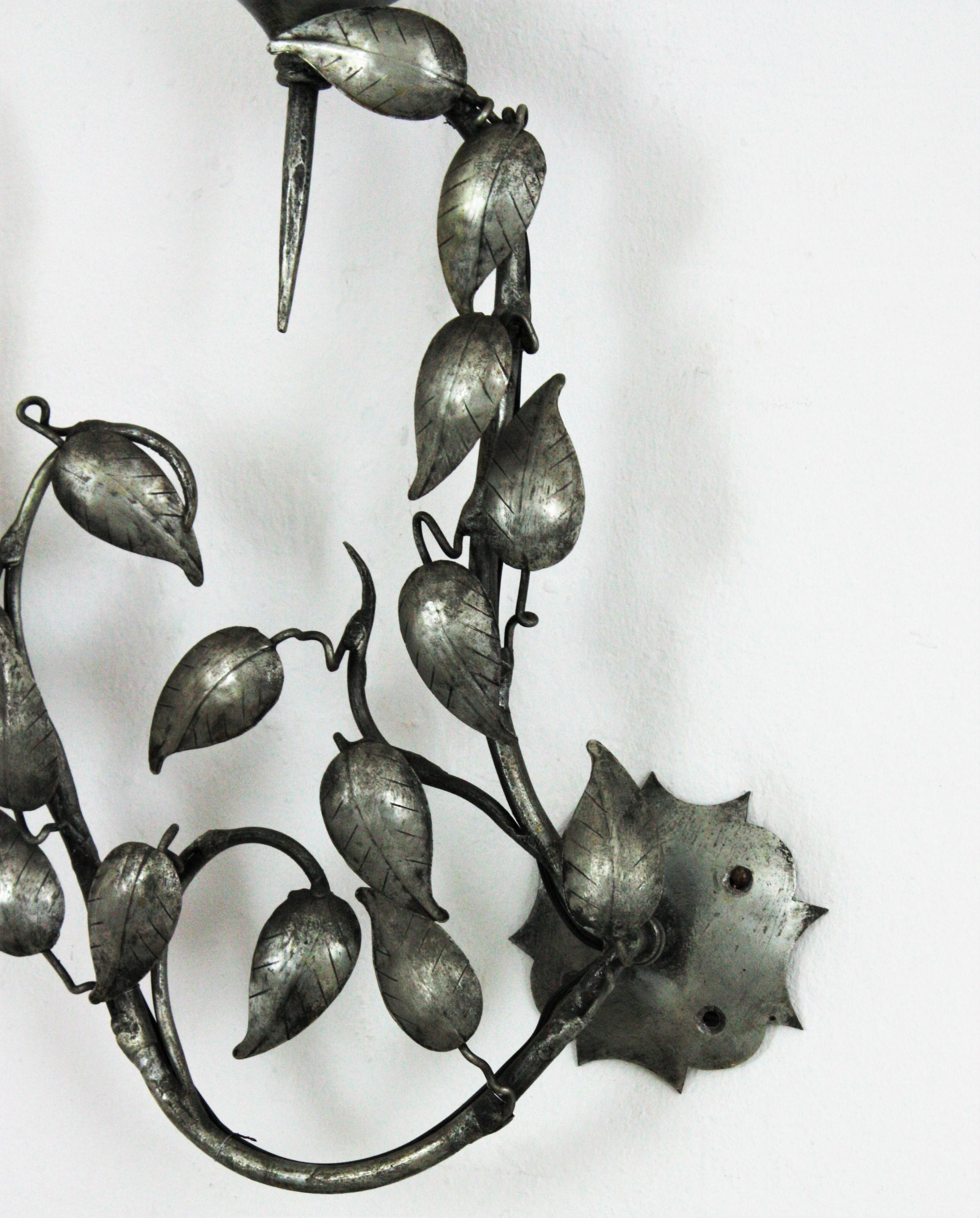 Foliage Wall Sconce with Three Torch Lights in Silver Patinated Iron, 1950s For Sale 5