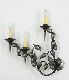 Foliage Wall Sconce with Three Torch Lights in Silvered Wrought Iron, 1950s