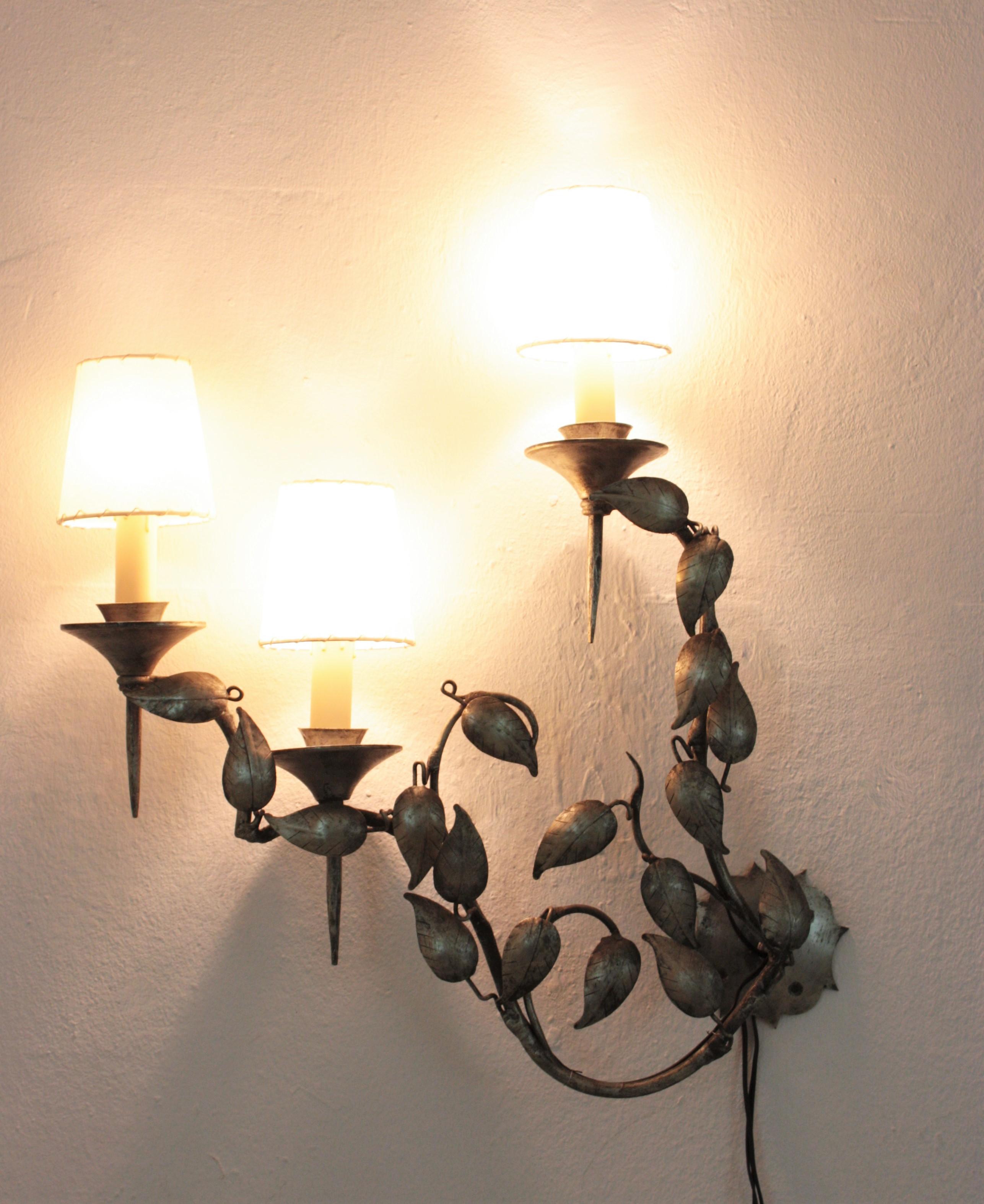 Mid-Century Modern Foliage Wall Sconce with Three Torch Lights in Silver Patinated Iron, 1950s For Sale