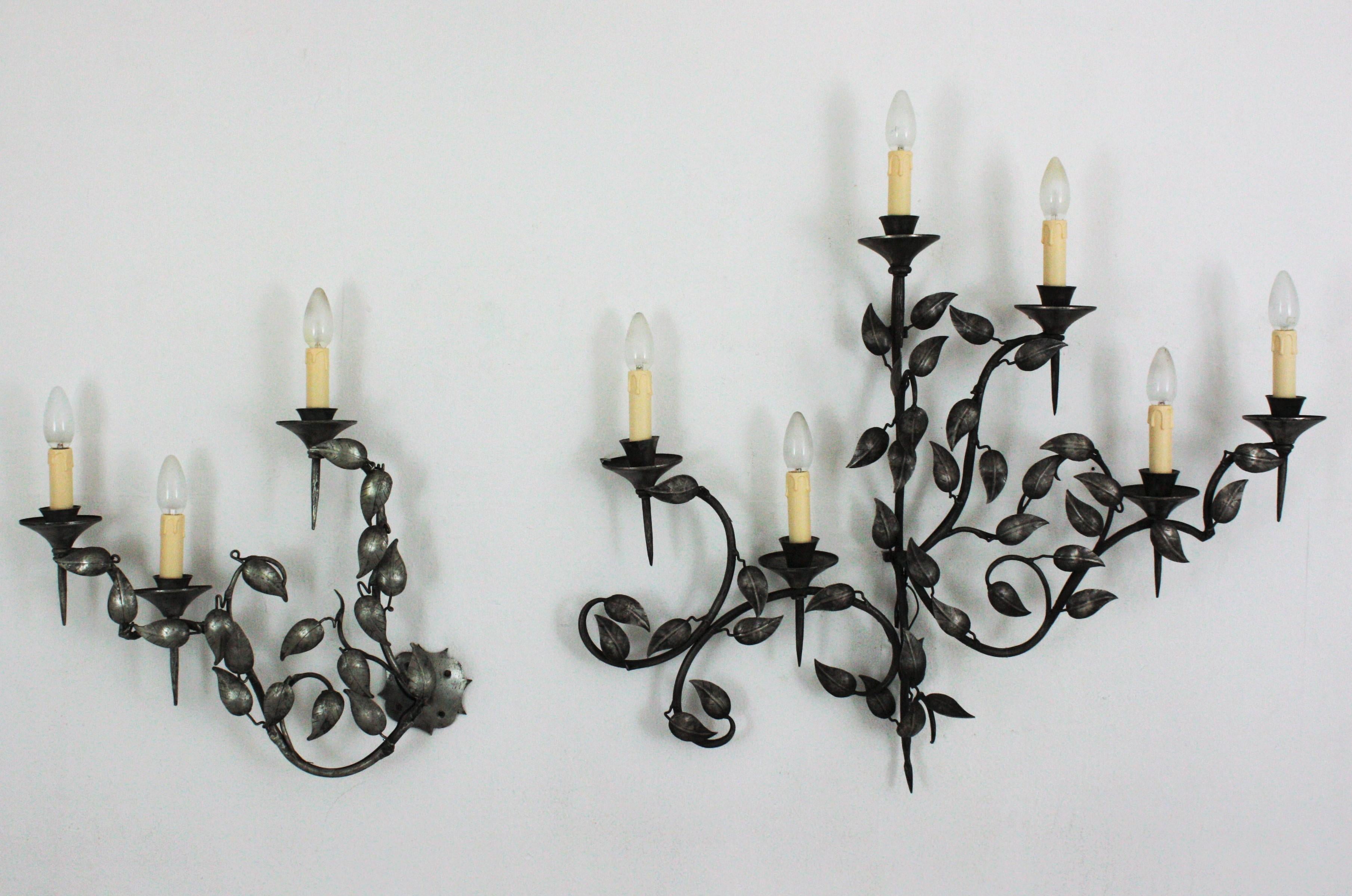 Spanish Foliage Wall Sconce with Three Torch Lights in Silver Patinated Iron, 1950s For Sale