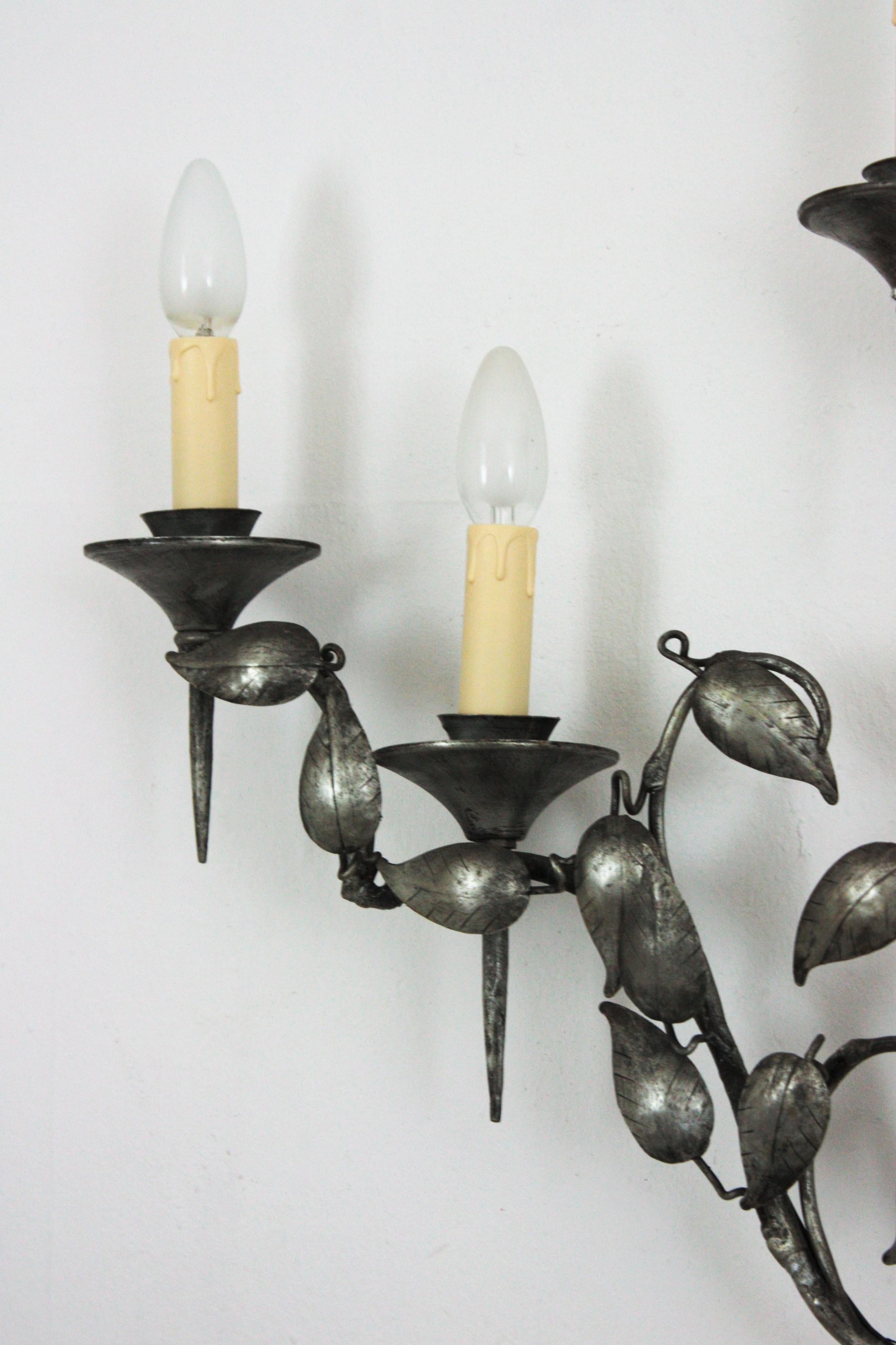 20th Century Foliage Wall Sconce with Three Torch Lights in Silver Patinated Iron, 1950s For Sale
