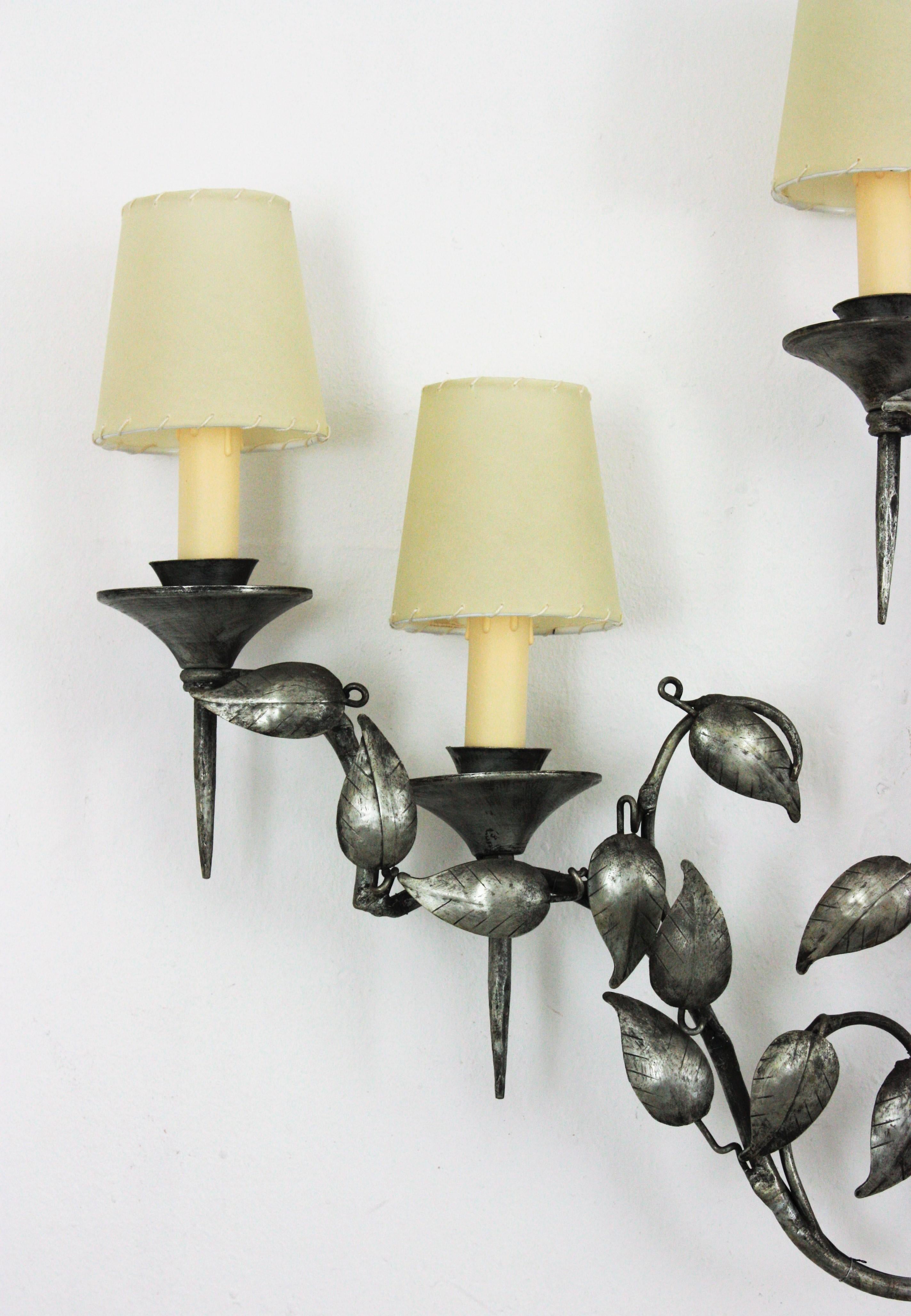 Silver Leaf Foliage Wall Sconce with Three Torch Lights in Silver Patinated Iron, 1950s For Sale