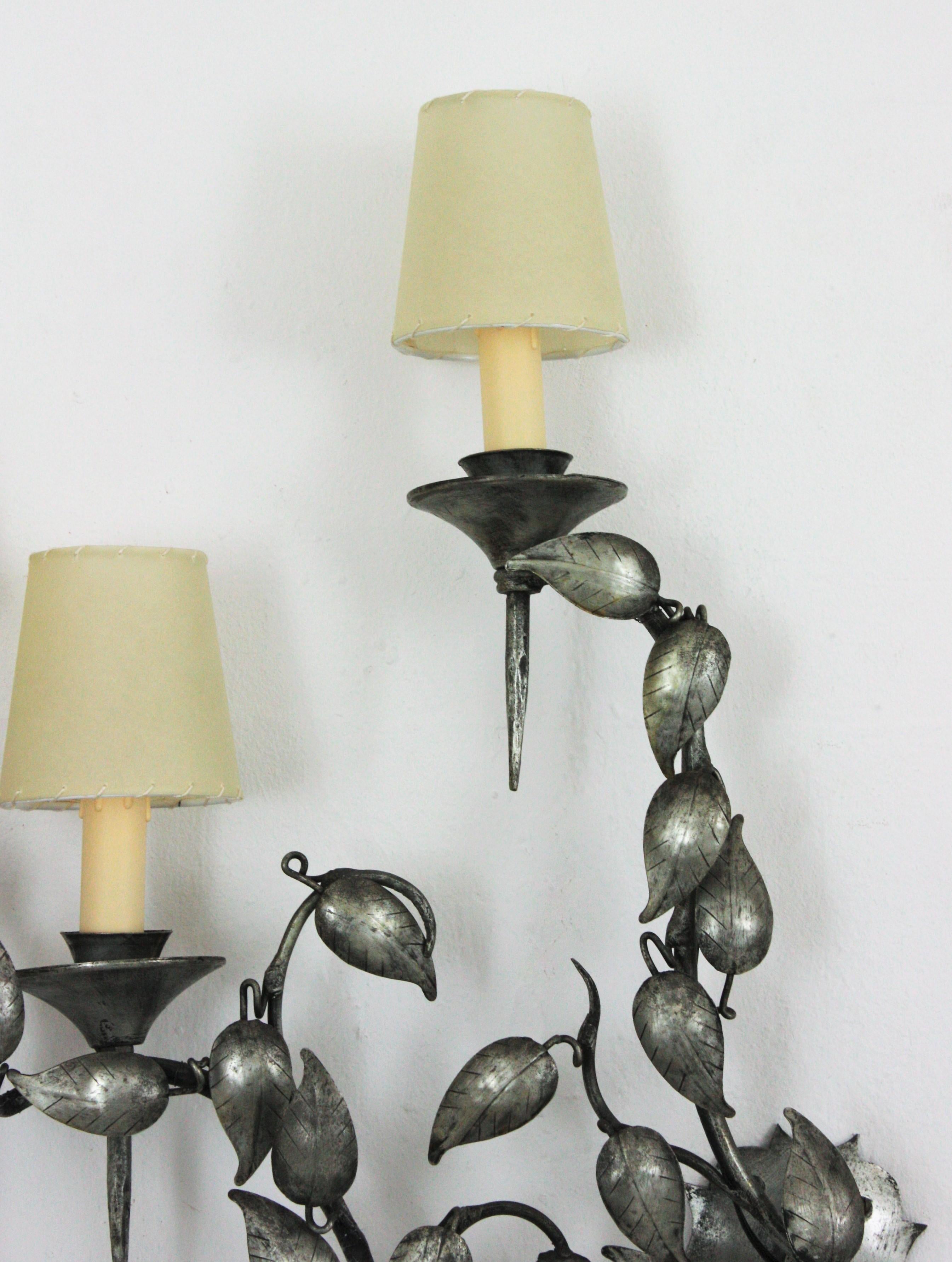 Foliage Wall Sconce with Three Torch Lights in Silver Patinated Iron, 1950s For Sale 2