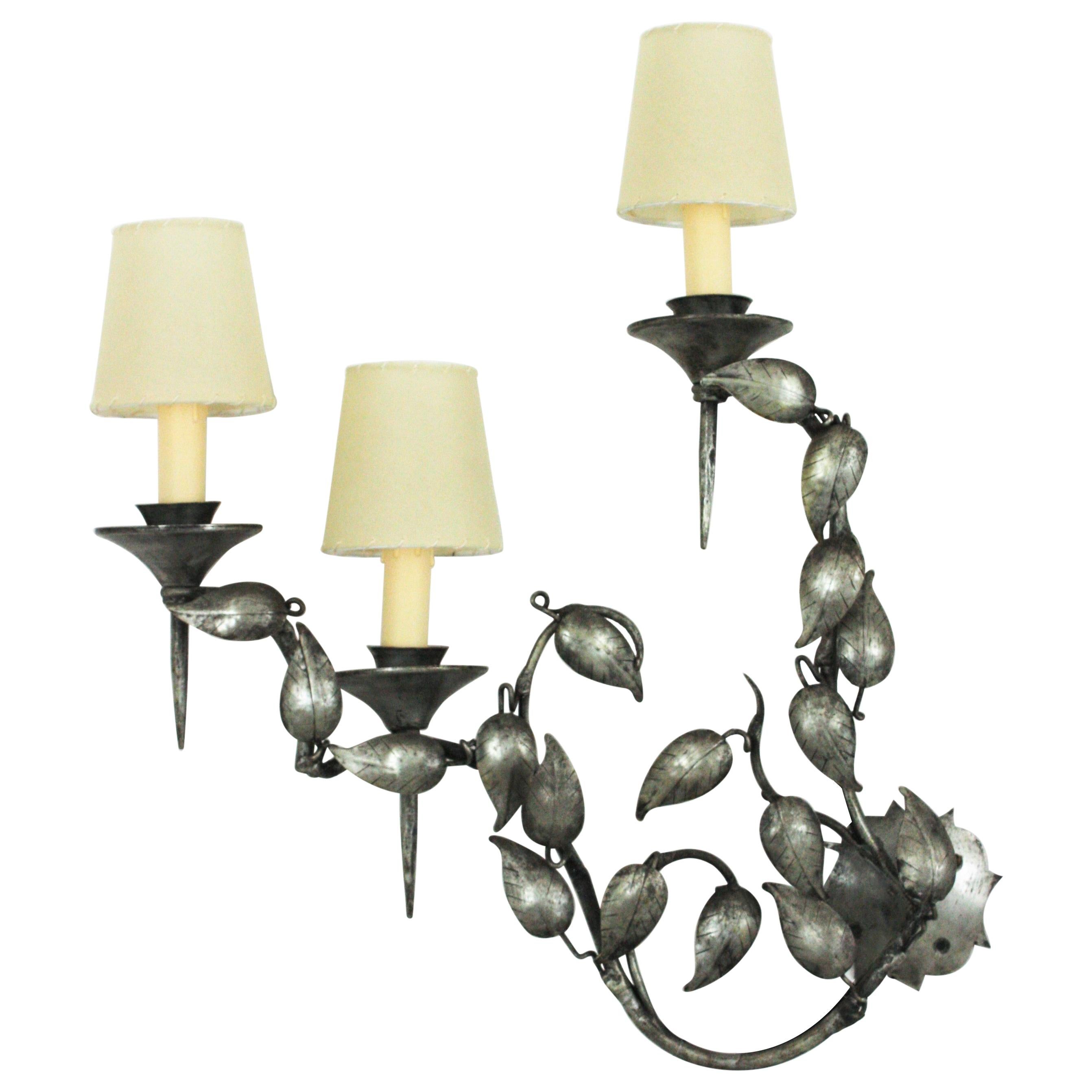 Foliage Wall Sconce with Three Torch Lights in Silver Patinated Iron, 1950s For Sale