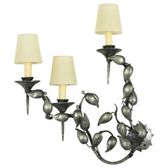 Vintage Foliage Wall Sconce with Three Torch Lights in Silver Patinated Iron, 1950s