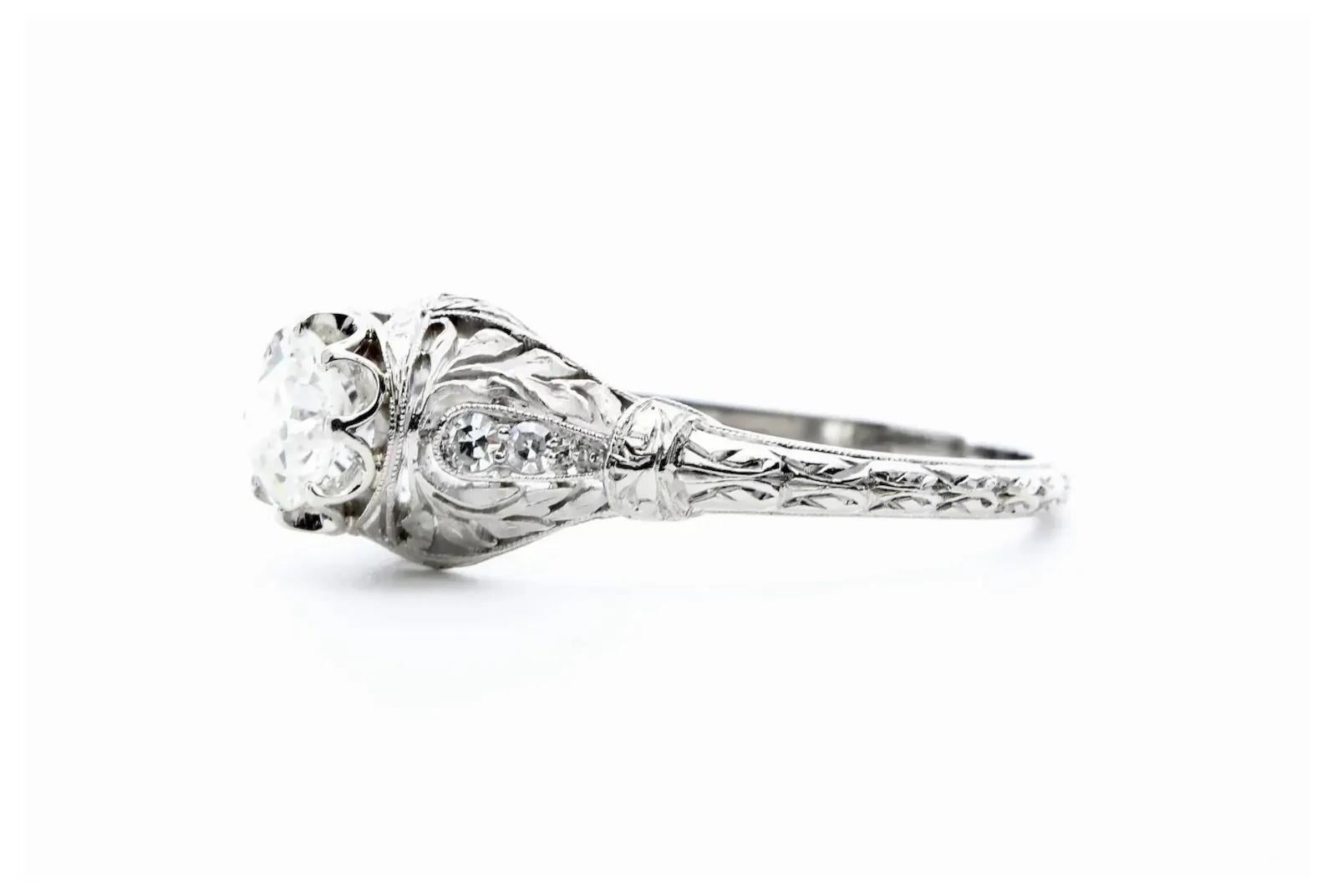 Old European Cut Foliate Motif Art Deco 0.78ctw Diamond Engagement Ring in Platinum For Sale