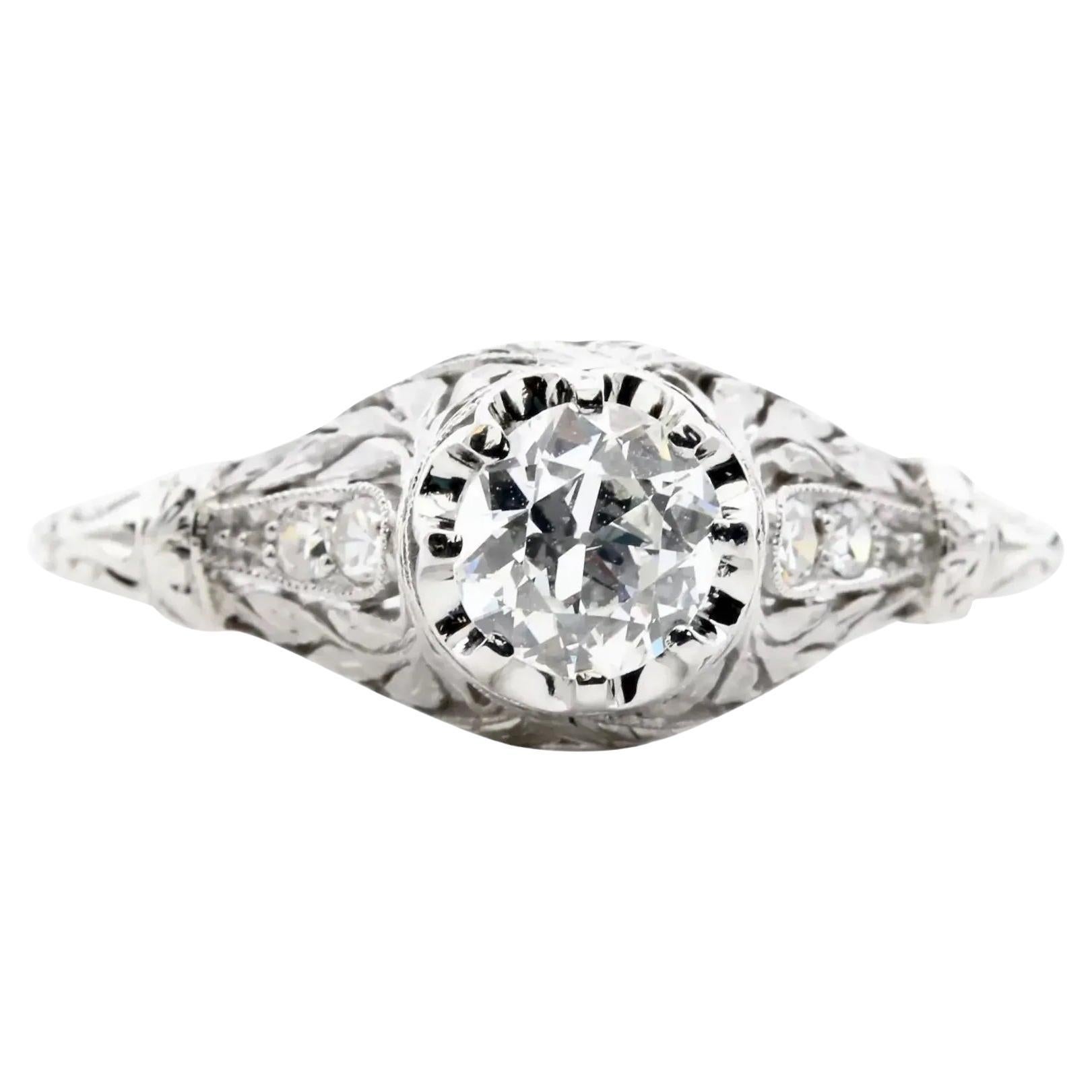 Foliate Motif Art Deco 0.78ctw Diamond Engagement Ring in Platinum For Sale