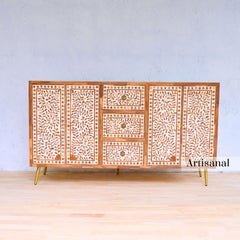 Foliate Motif Pattern Wood Inlay Side Board Handcrafted by Artisanal