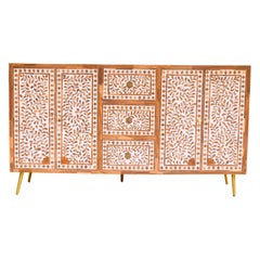 Foliate Motif Pattern Wood Inlay Side Board Handcrafted by Artisanal