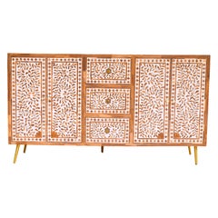 Foliate Motif Pattern Wood Inlay Side Board Handcrafted by Artisanal