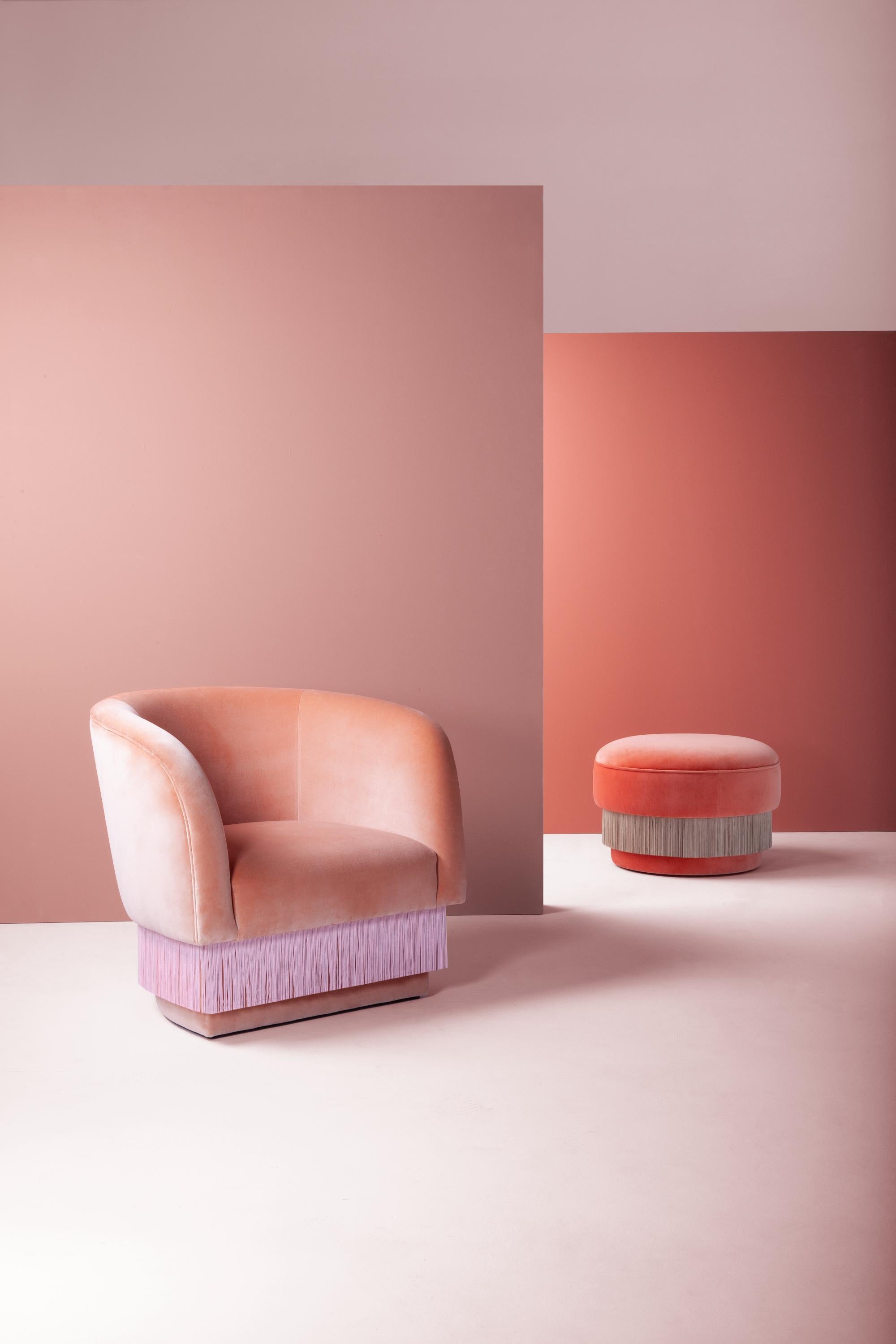Folie armchair by Dooq
Measures: W 82 cm, 32”
D 70 cm, 28”
H 75 cm, 30”
Seat height 42 cm, 17”

Materials: Upholstery and piping fabric or leather, fringes.

Dooq is a design company dedicated to celebrate the luxury of living. Creating