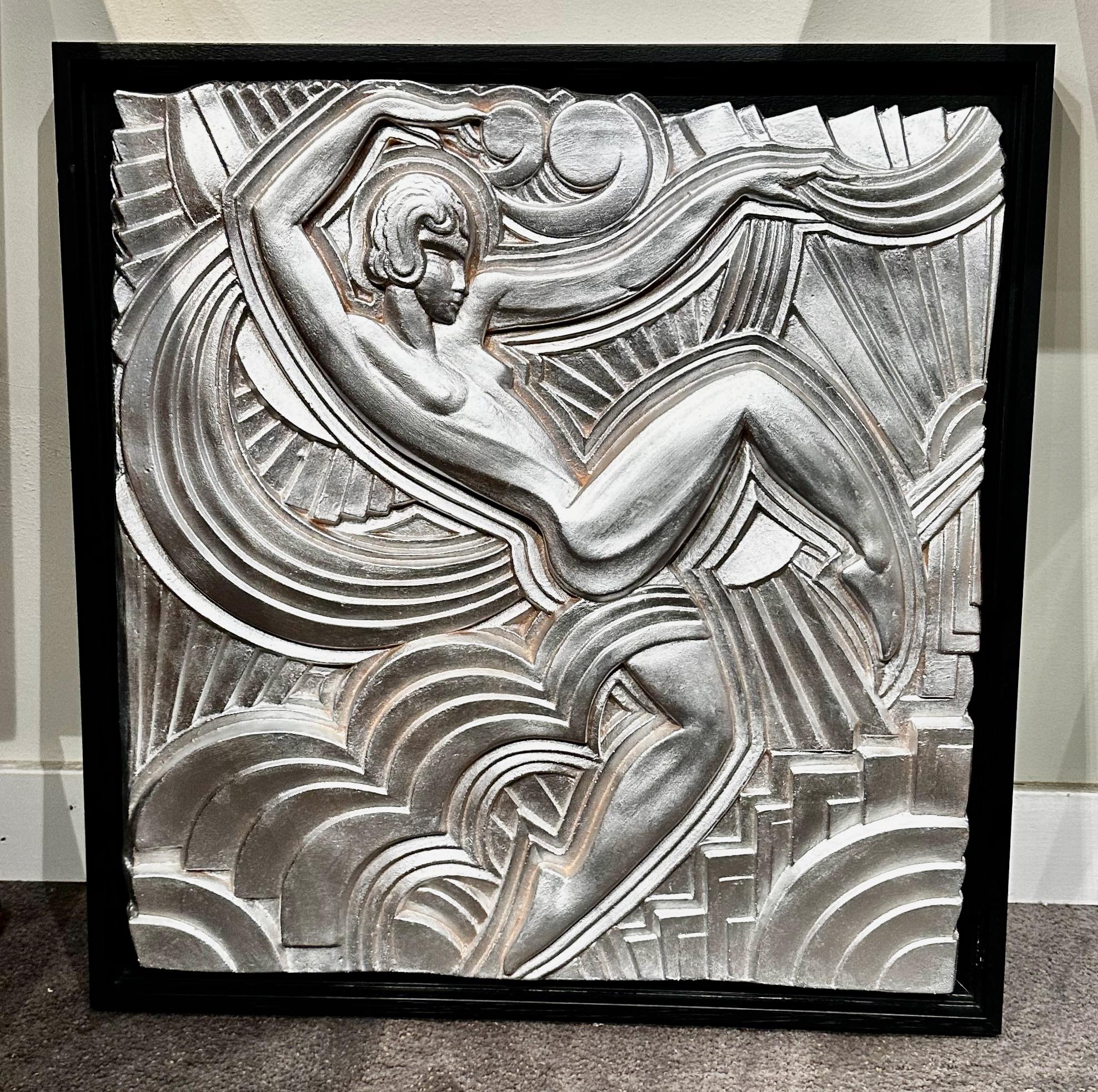 Plaque by Maurice Picaud Silver-leaf on Terracotta. Iconic art deco image handcrafted in reduced versions of the facade bas-relief of the Folies-Bergeres cabaret which was originally made by Maurice Picaud aka Pico (1900-1977).

This stylish plaque