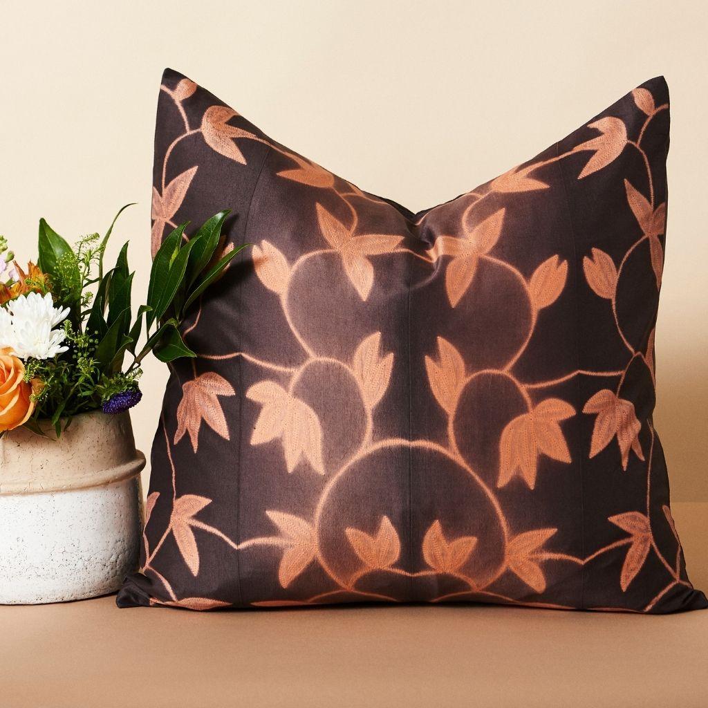 Custom design by Studio Variously, Folio Ebony pillow is handmade by master artisans in India. A sustainable design brand based out of Michigan, Studio Variously exclusively collaborates with artisan communities to restore and Revive ancient