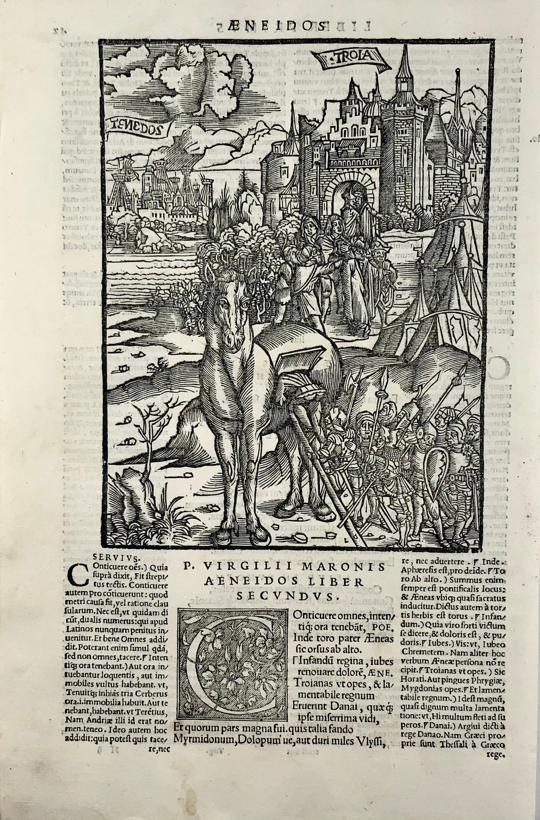 French Folio Gruninger Woodcut Leaf from Virgil’s Aeneid, Trojan Horse For Sale