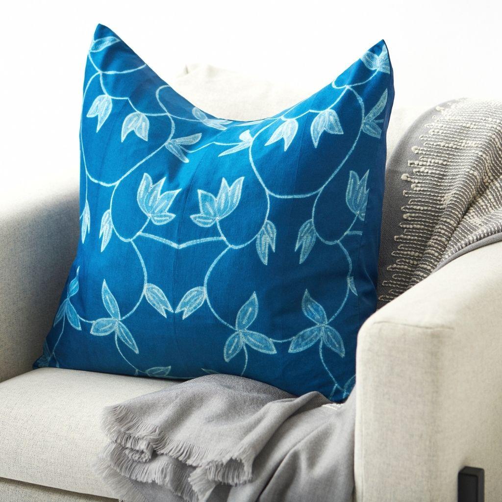 Custom design by Studio Variously, Folio Indigo pillow is handmade by master artisans in India. A sustainable design brand based out of Michigan, Studio Variously exclusively collaborates with artisan communities to restore and Revive ancient