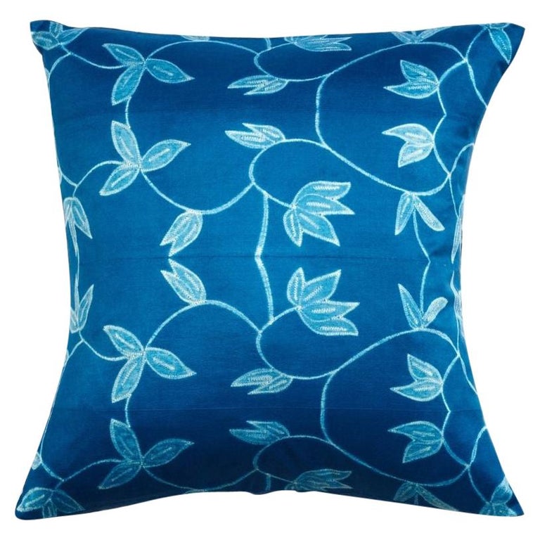 Folio Indigo Floral Pattern Shibori Silk Pillow For Sale