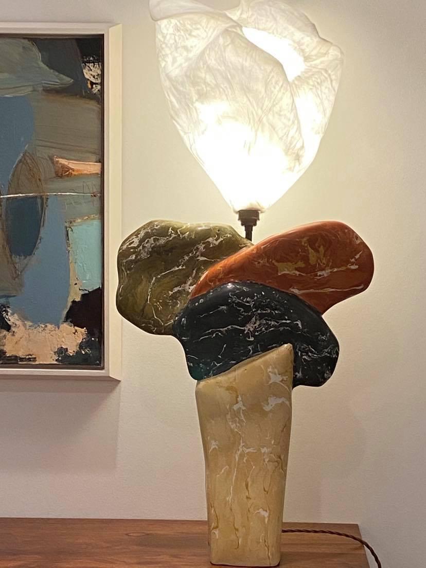 One of a kind  table lamp handcrafted in Scagliola by Rinat Design. The lamp is made in four individual marbleised  sections in different colours, each seemingly merges into the next. The lamp refers to a distinctive language that can be directly