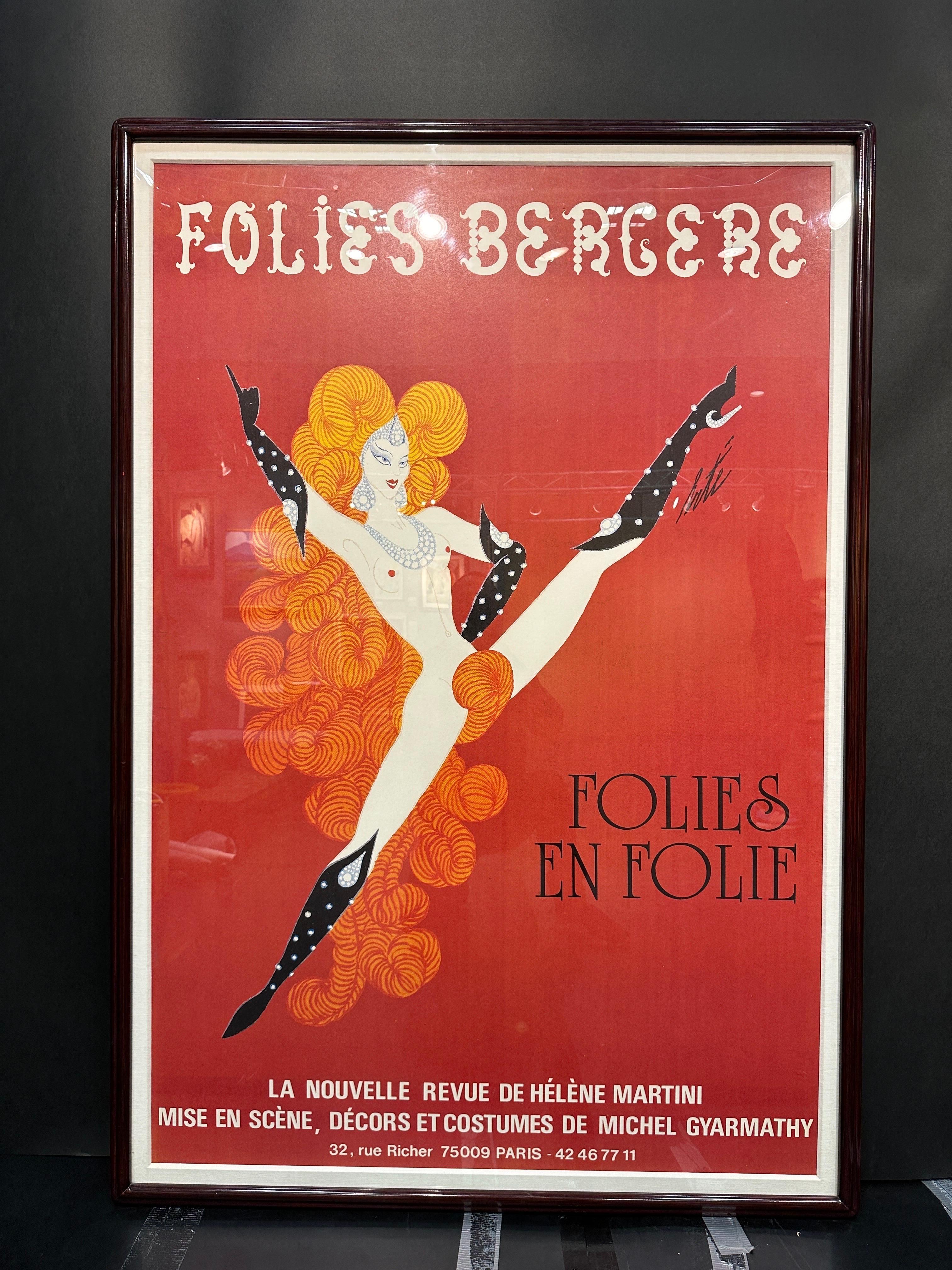 Cabaret Folis Bergere advertising framed poster designed by ERTE. Poster is linen backed and protected behind acrylic sheet.  Comes with certificate of authenticity.