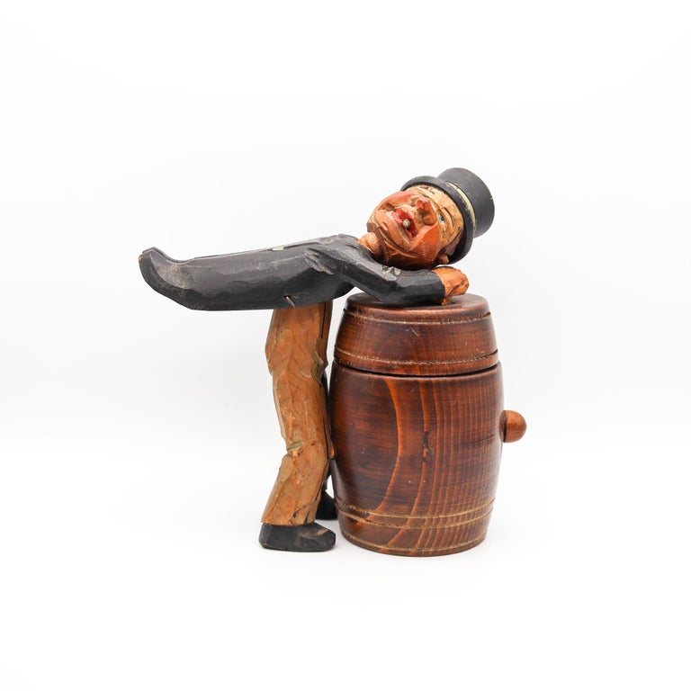 Folk Art 1930 Mechanical Desk Barrel Box In Polychromate Wood at 1stDibs