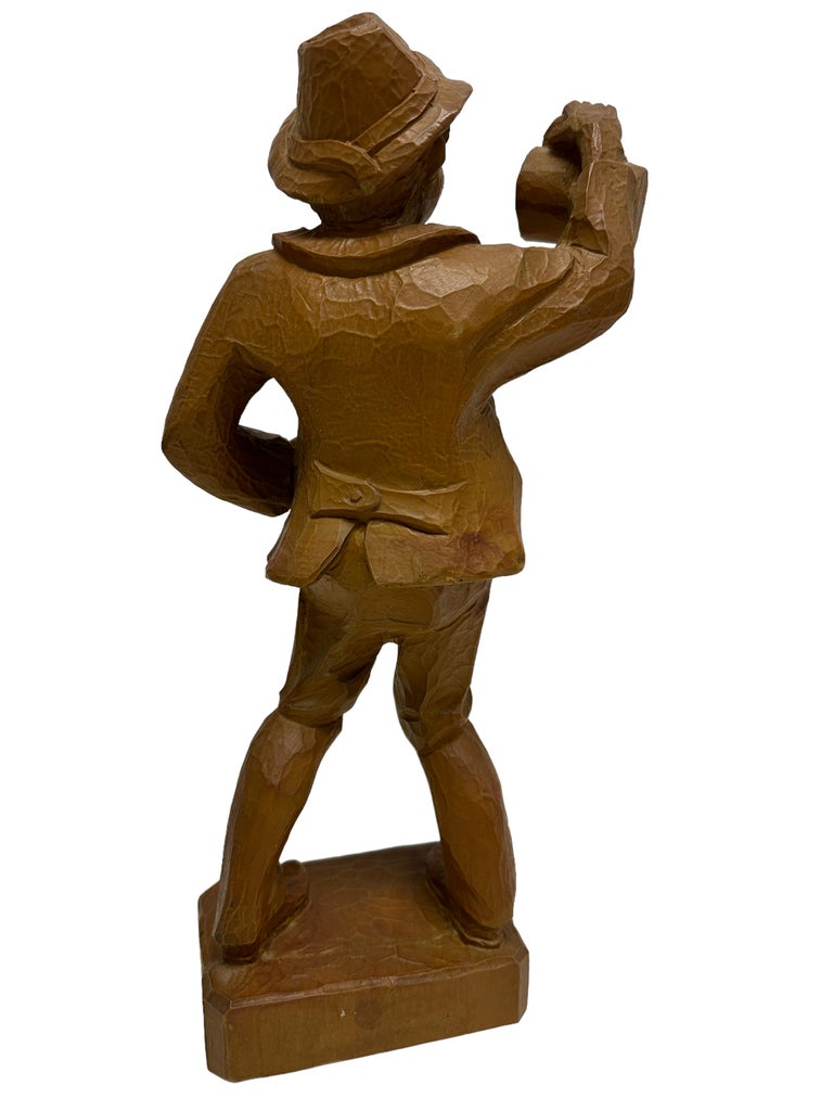 Folk Art 20th Century Carved Wood Man Holding a Beer Stein, Austria
