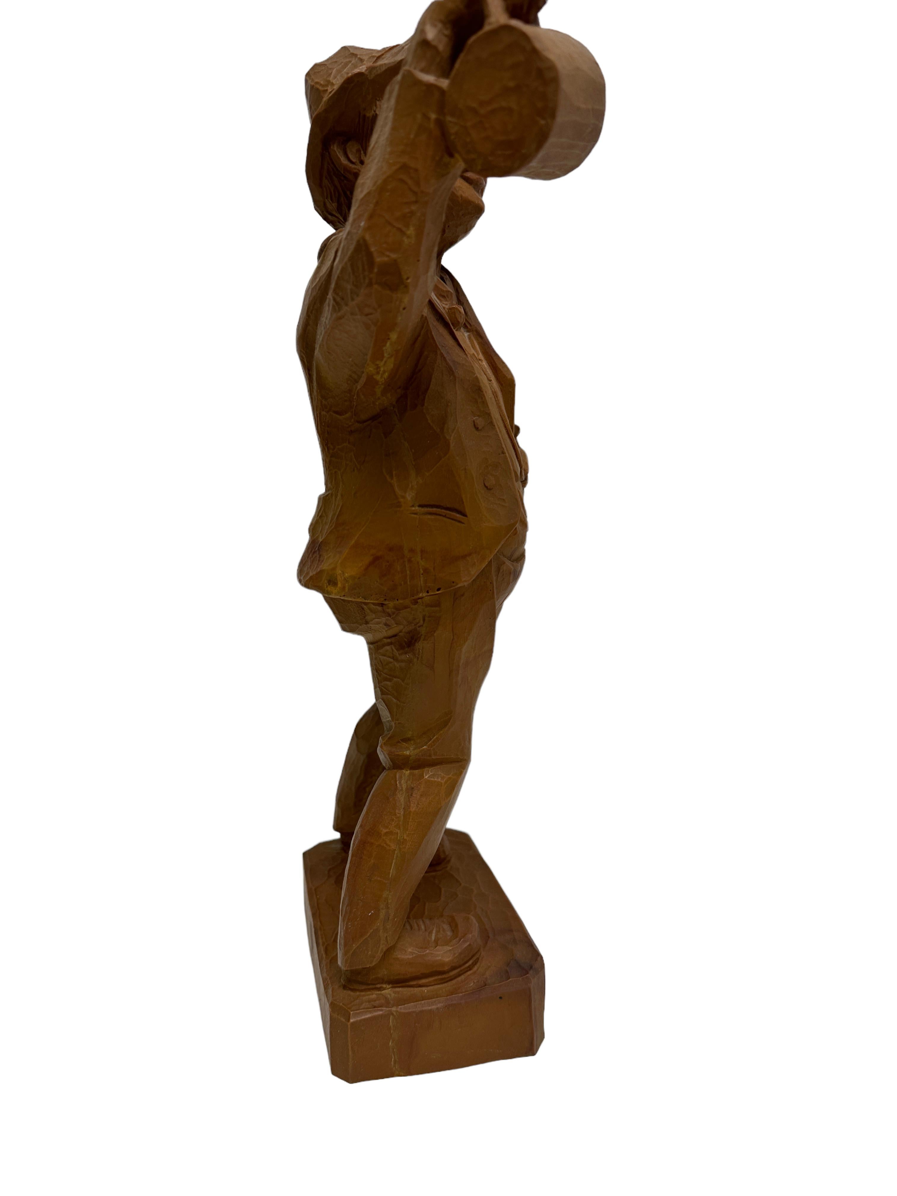 Black Forest Folk Art 20th Century Carved Wood Man Holding a Beer Stein, Austria 1960s For Sale