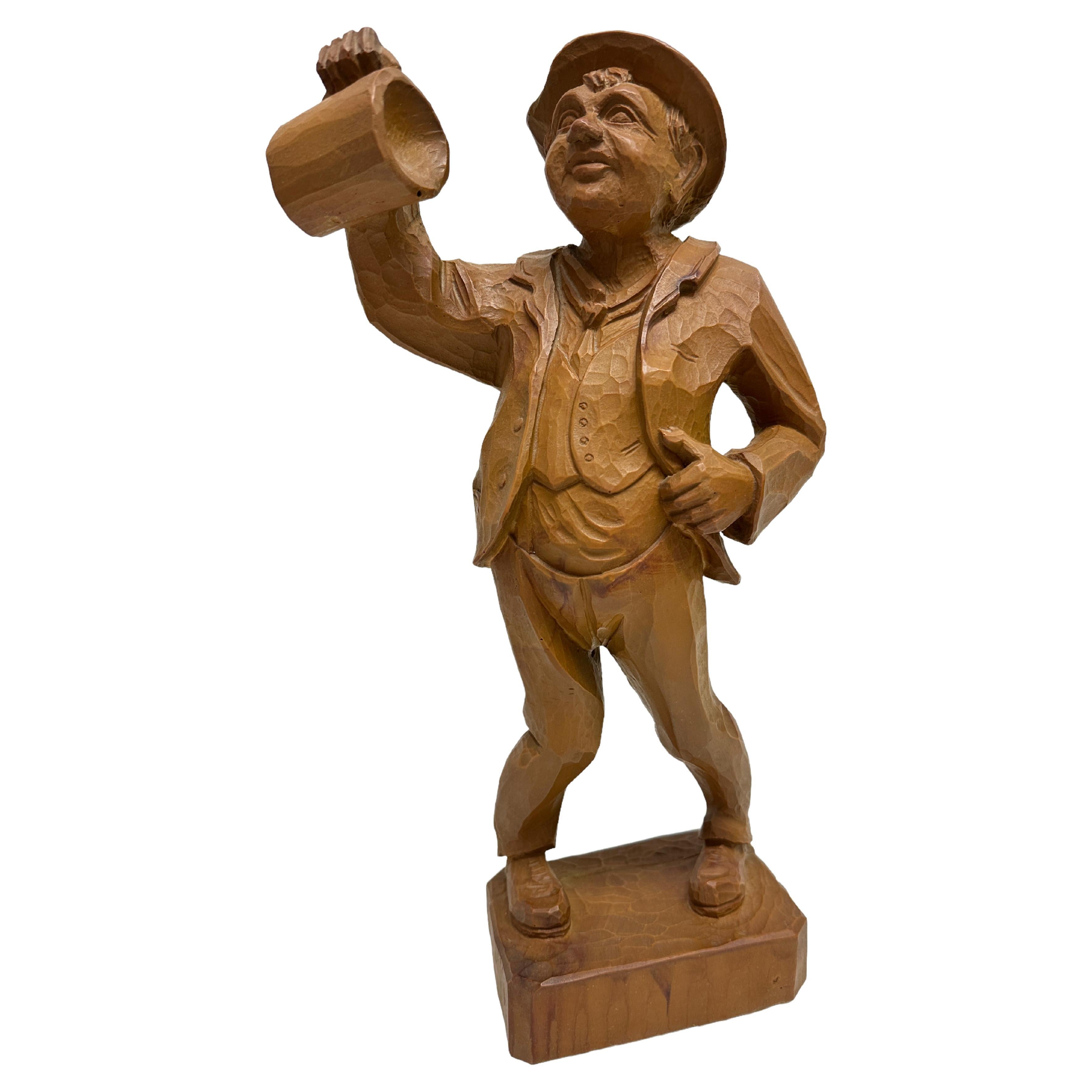 Folk Art 20th Century Carved Wood Man Holding a Beer Stein, Austria 1960s For Sale