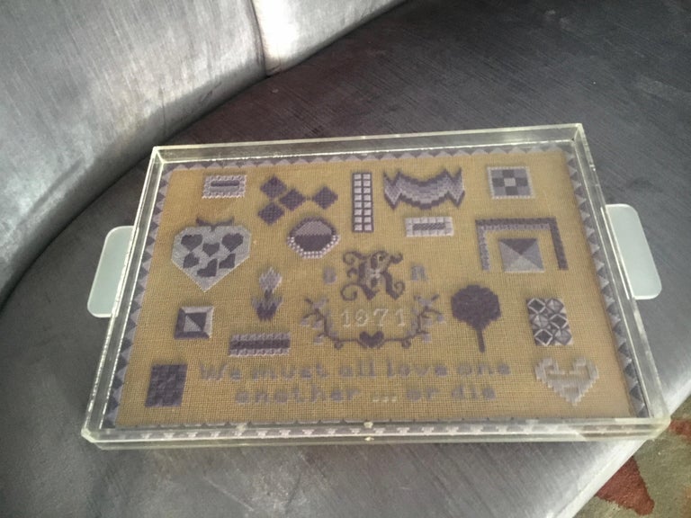 Folk Art Acrylic Tray with Needlepoint Insert, 1971 For Sale at 1stDibs