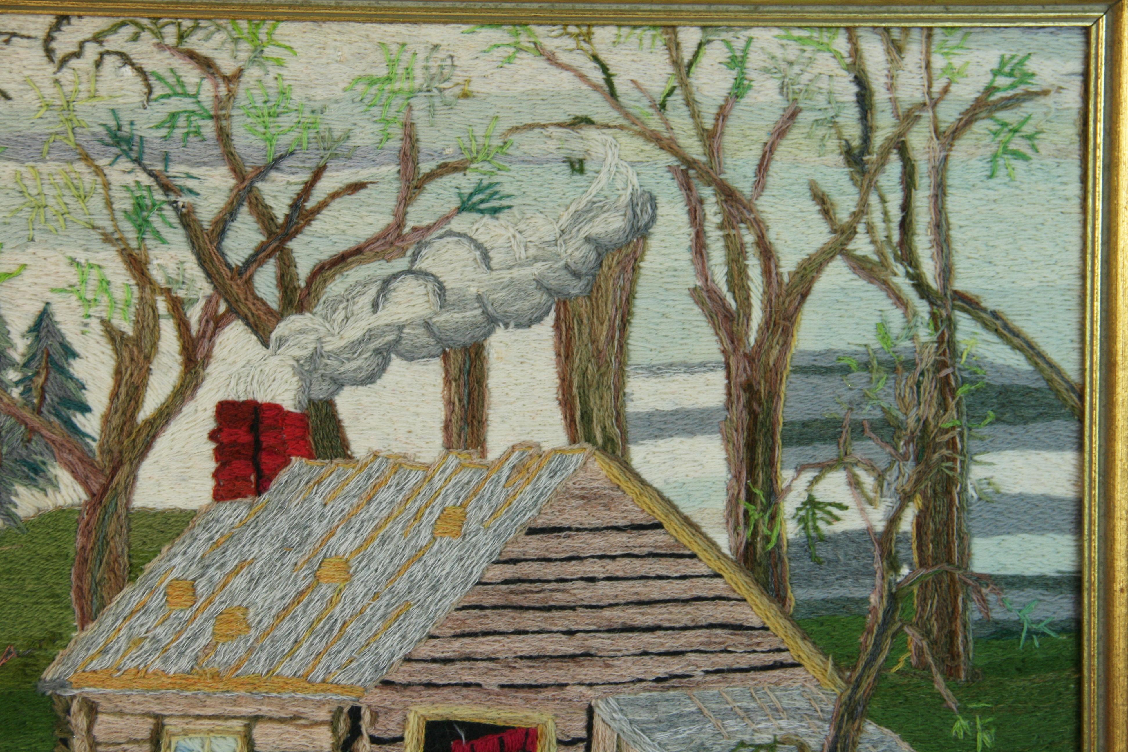 Tenture brodée d'art populaire américain a Home in the Wilderness, 1963 en vente 4