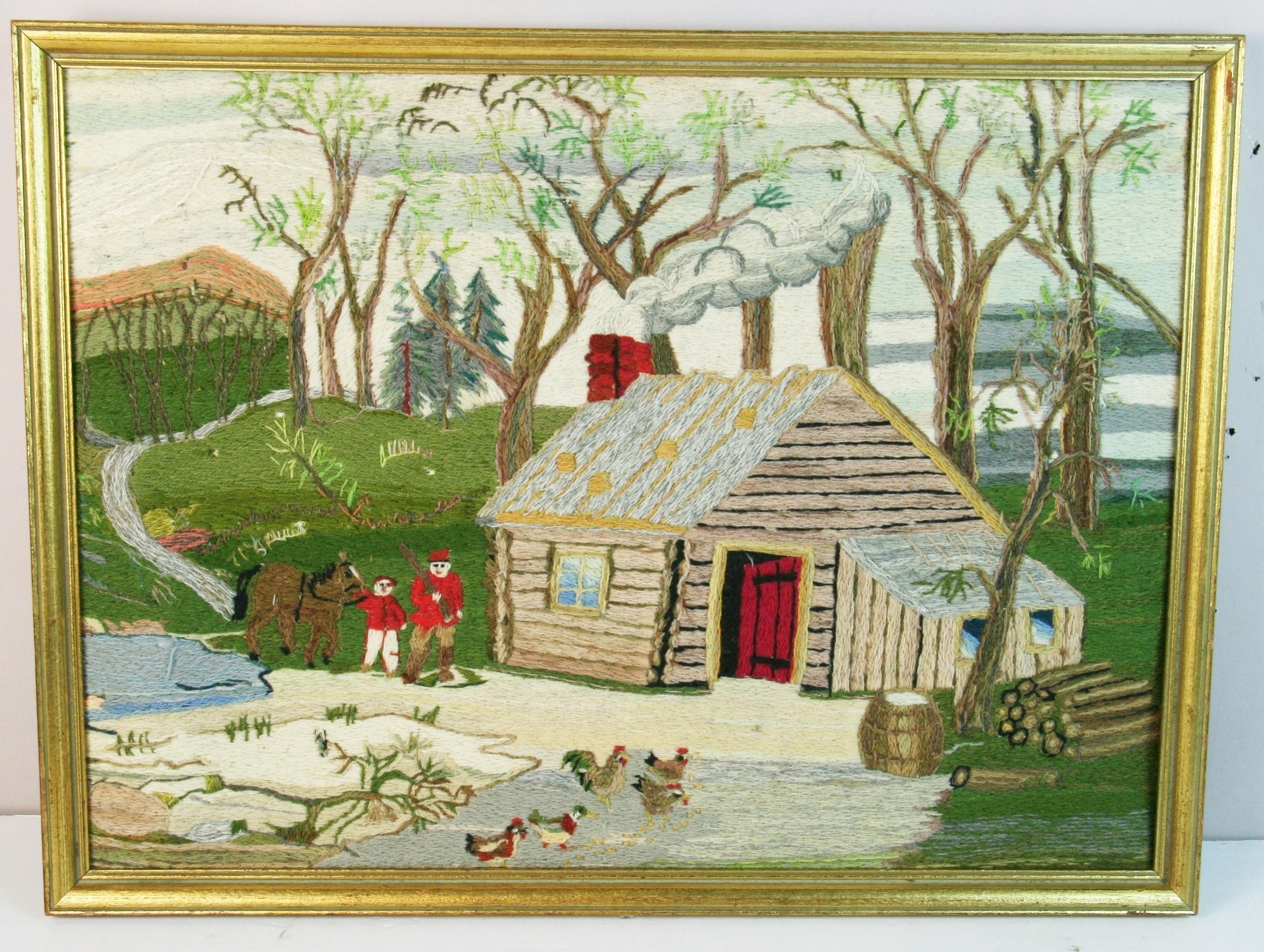 1864 Tenture murale d'art populaire brodée, appliquée sur un panneau de bois.
Un foyer dans la nature 
Encadré
Taille de l'image 17.5x24.5