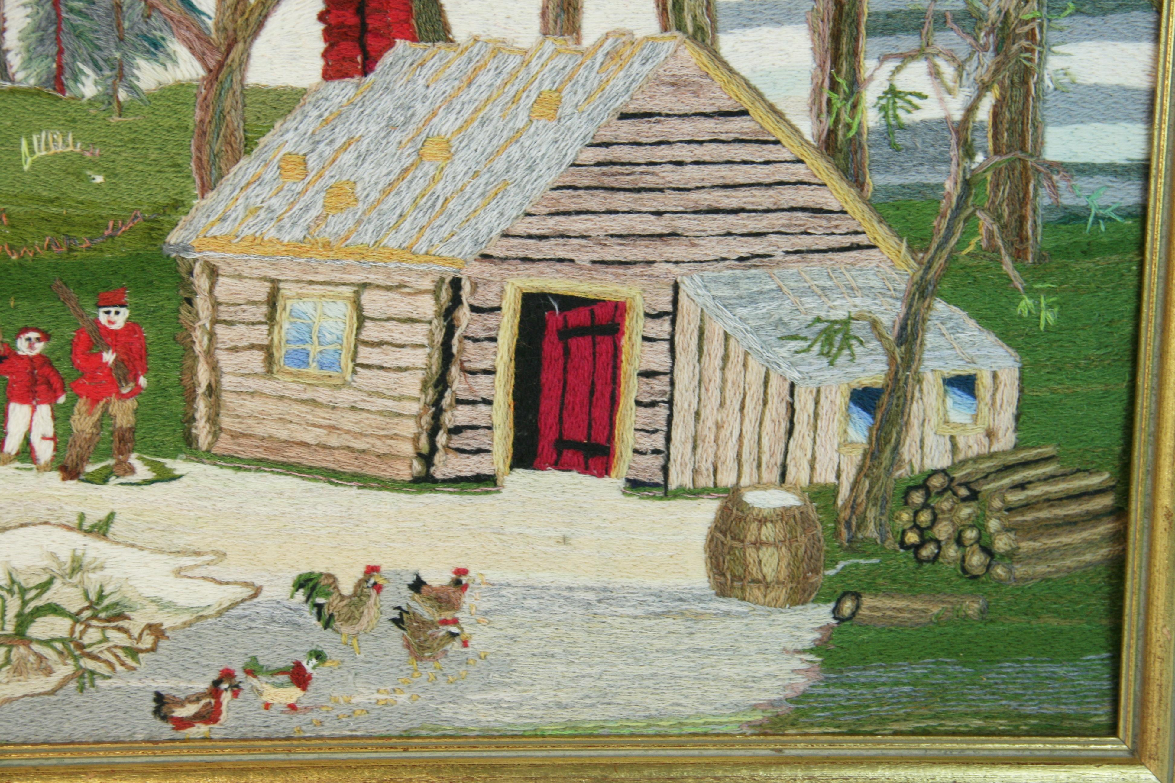 Noué à la main Tenture brodée d'art populaire américain a Home in the Wilderness, 1963 en vente