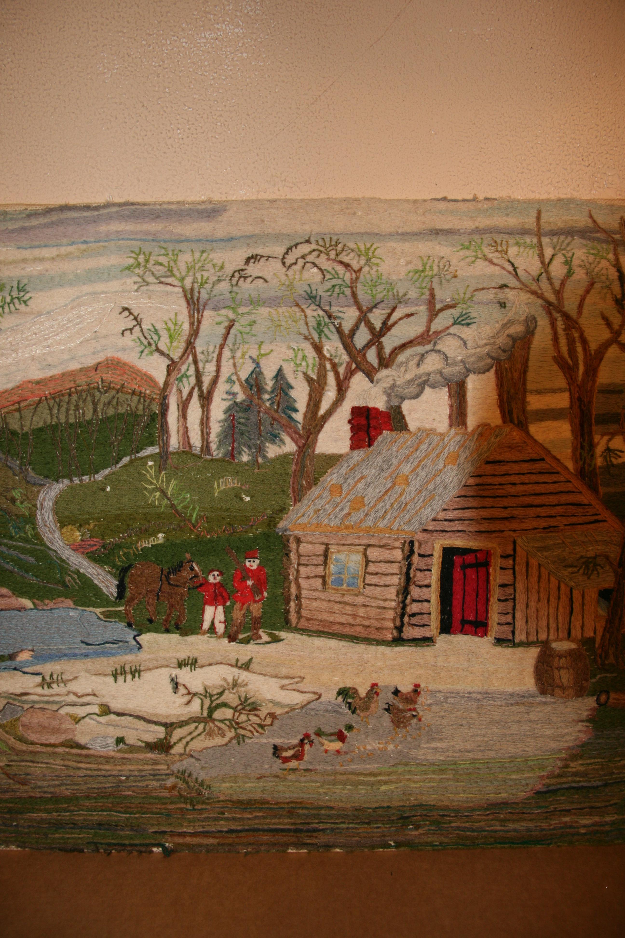 Folk Art American Embroidered Wall Hanging a Home in the Wilderness, 1963 In Good Condition For Sale In Douglas Manor, NY