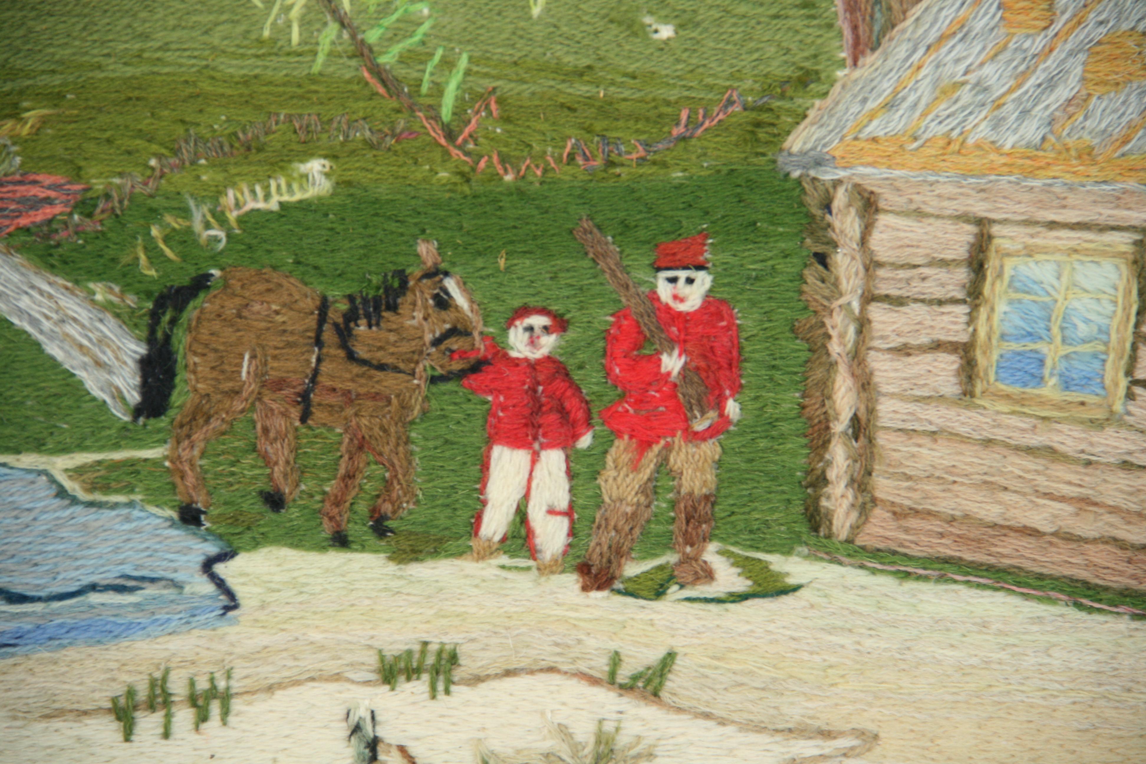 Milieu du XXe siècle Tenture brodée d'art populaire américain a Home in the Wilderness, 1963 en vente