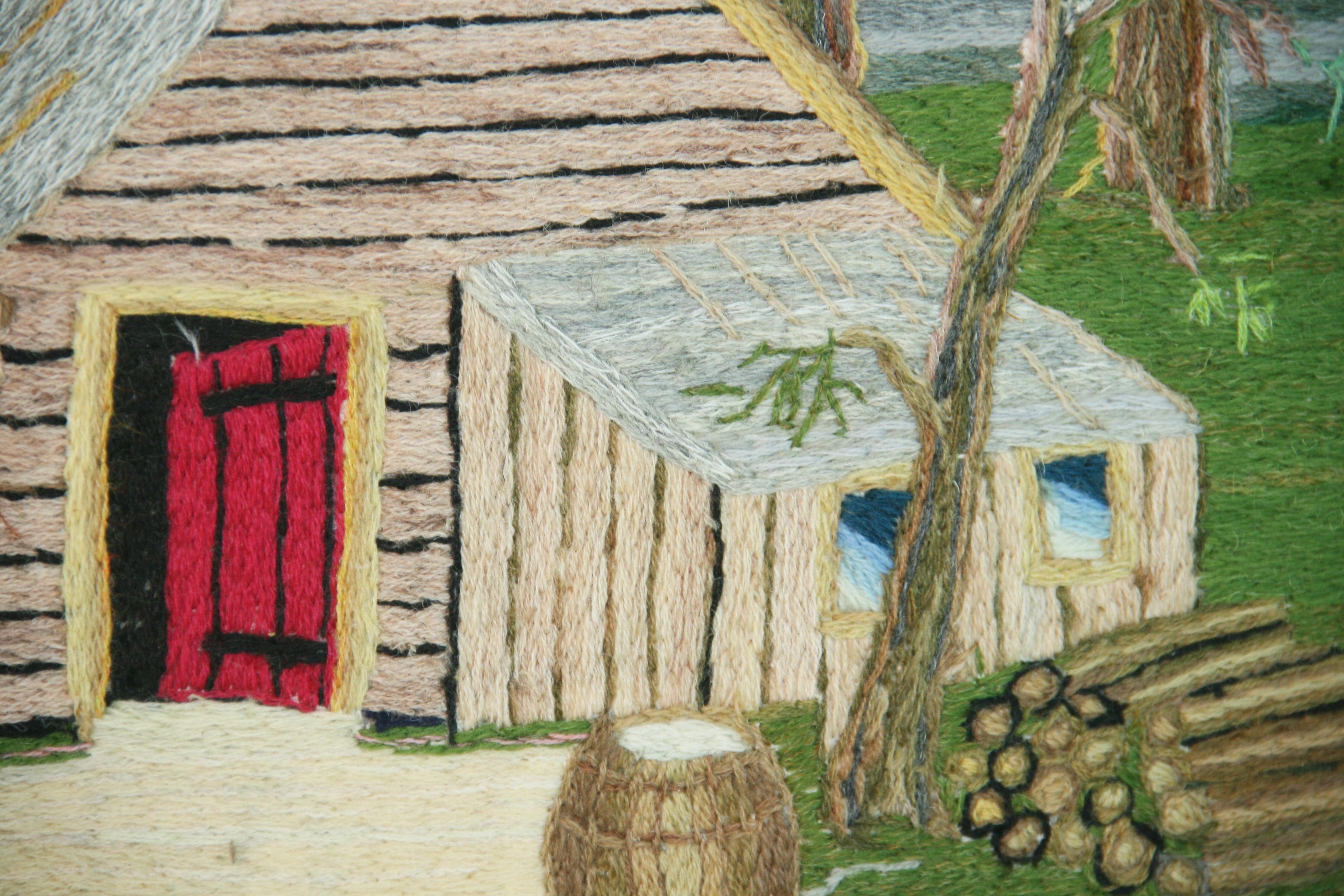 Fil de laine Tenture brodée d'art populaire américain a Home in the Wilderness, 1963 en vente